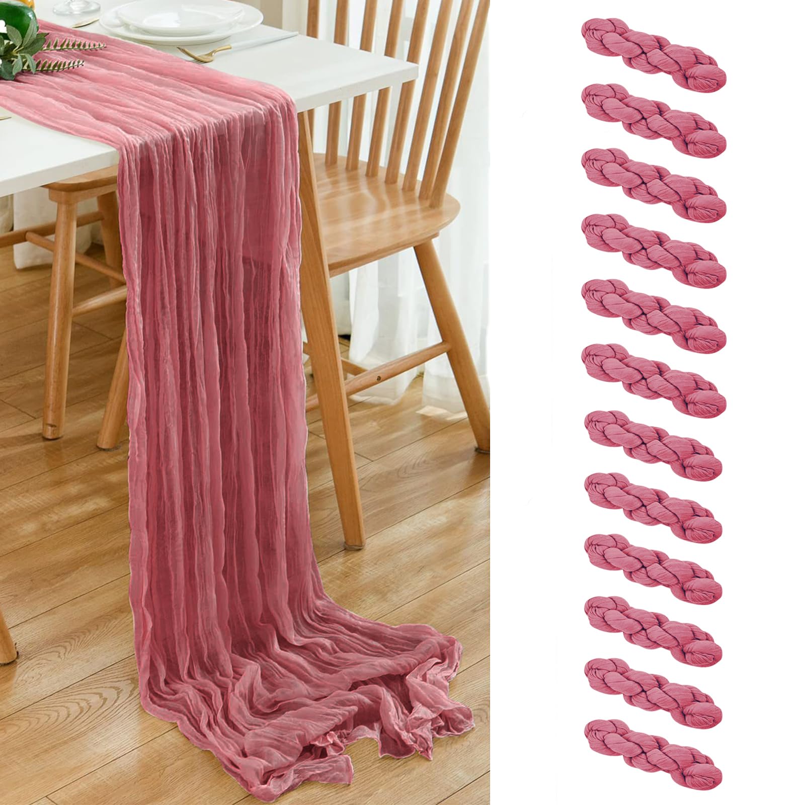 Photo 1 of 12 Pack Dusty Rose 10 Ft Cheesecloth Table Runner 21x120 Inch Boho Wrinkled Sheer Romantic Gauze Decor for Wedding, Bridal Shower, Birthday Party