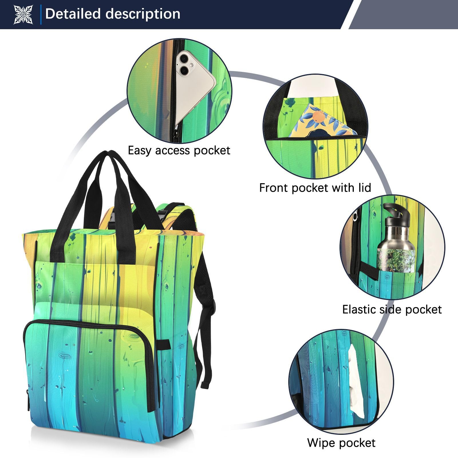 Los Tablones De Madera Pintaron El Arco Iris Mochilas de Pañales para Gran Capacidad Pañal Bolso Mochila para Viajar al Aire Libre Mamá y Papá