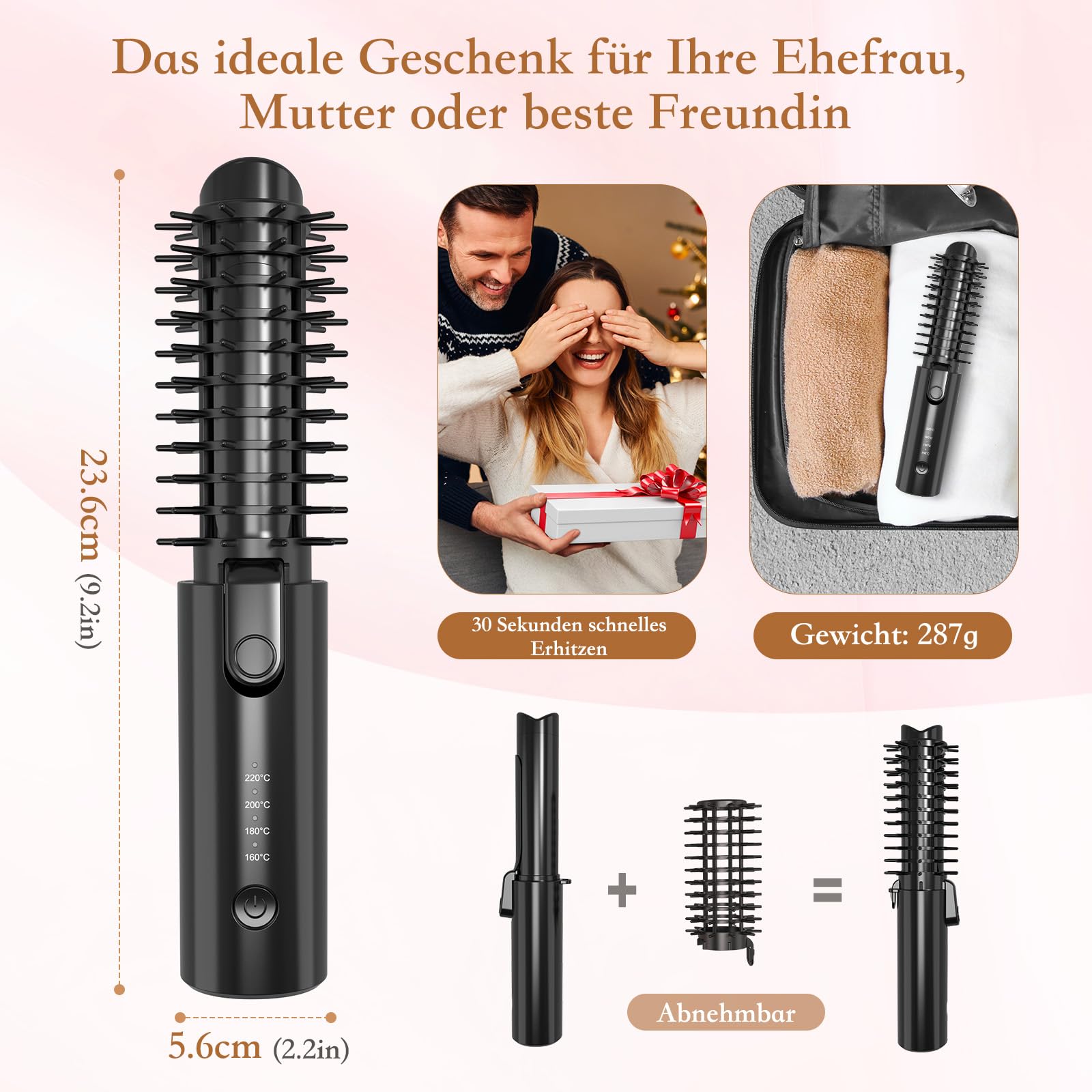 Kabellose Lockenstabbürste, Tragbare Reise Lockenstab, 6800 mAh USB-aufladbare Mini Lockenbürste Stylingbürsten mit Negativen Ionen, 4 Stufig Regelbare Temperatur 160-220℃(Schwarz)