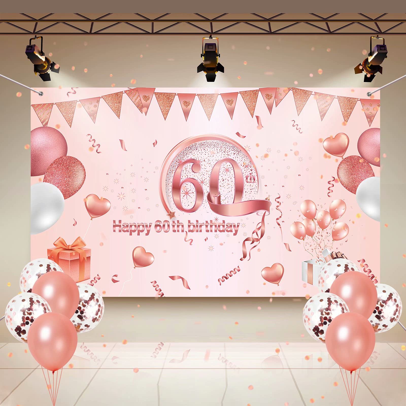 60th Birthday Decorations,60th Birthday Party Banner,Happy 60th Birthday Decorations Pink Fabric Backdrop Background for Women Garden Wall Decoration