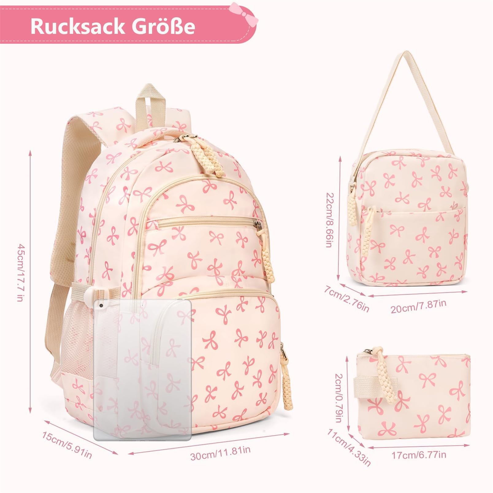 Schulrucksack Set 3-teilig mit Schleifen – Coquette Stil Rucksack für Teenager Mädchen, Aesthetic Schultasche geeignet für 5. Klasse & Laptops bis 15,6 Zoll (Rosa)