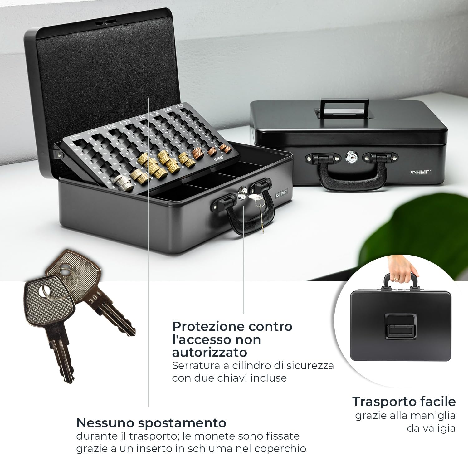 HMF 22037-02 Cassetta portavalori, Cassetta porta soldi con scheda contamonete 2 maniglie, 36 x 25 x 11 cm, nero