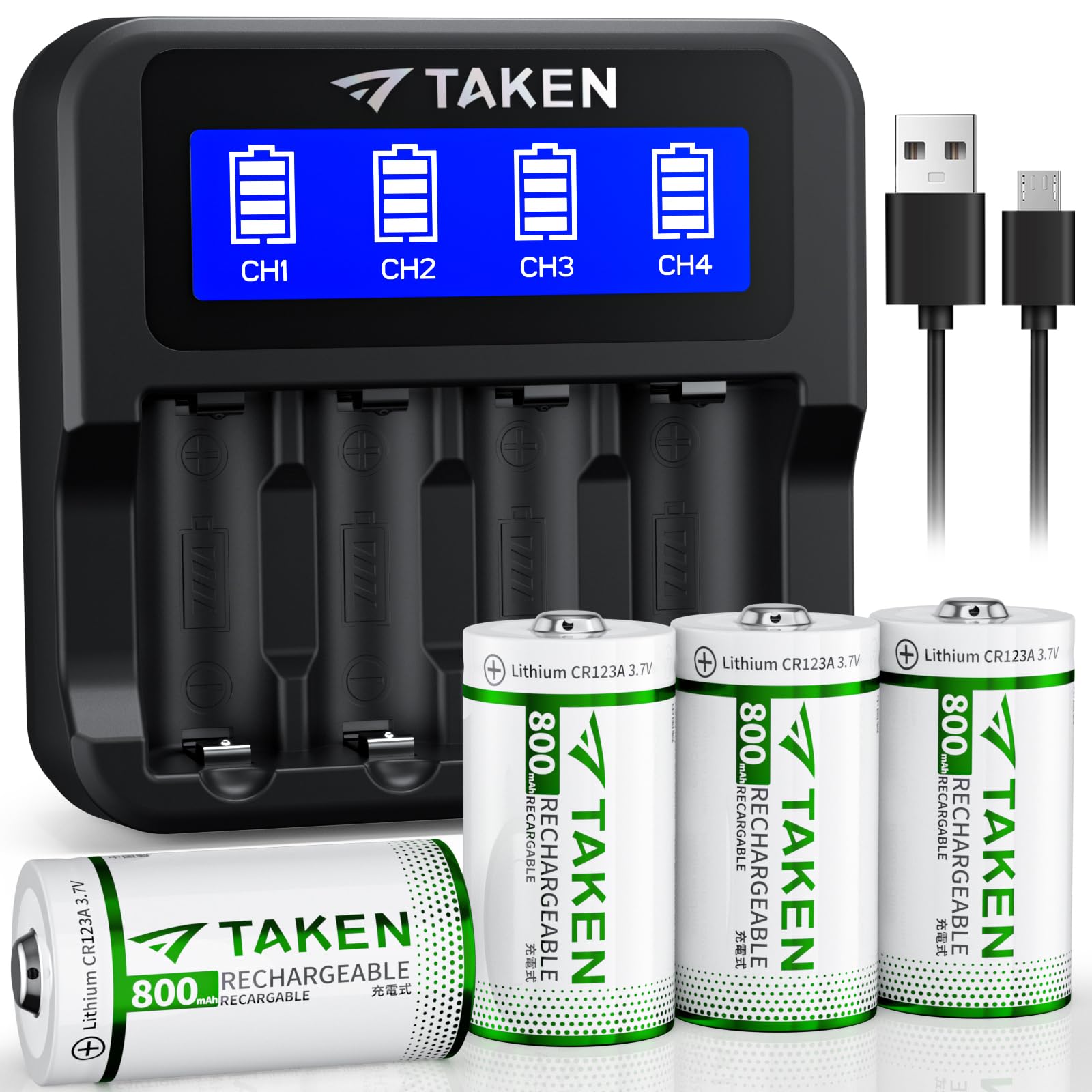 CR123A Battery,123A 3.7V Rechargeable Batteries and Charger, 800mAh CR123 Battery Compatible with Arlo Cameras VMC3030 VMK3200 VMS3330 3430 3530,Flashlights (Black, 4Pack-cr123a)