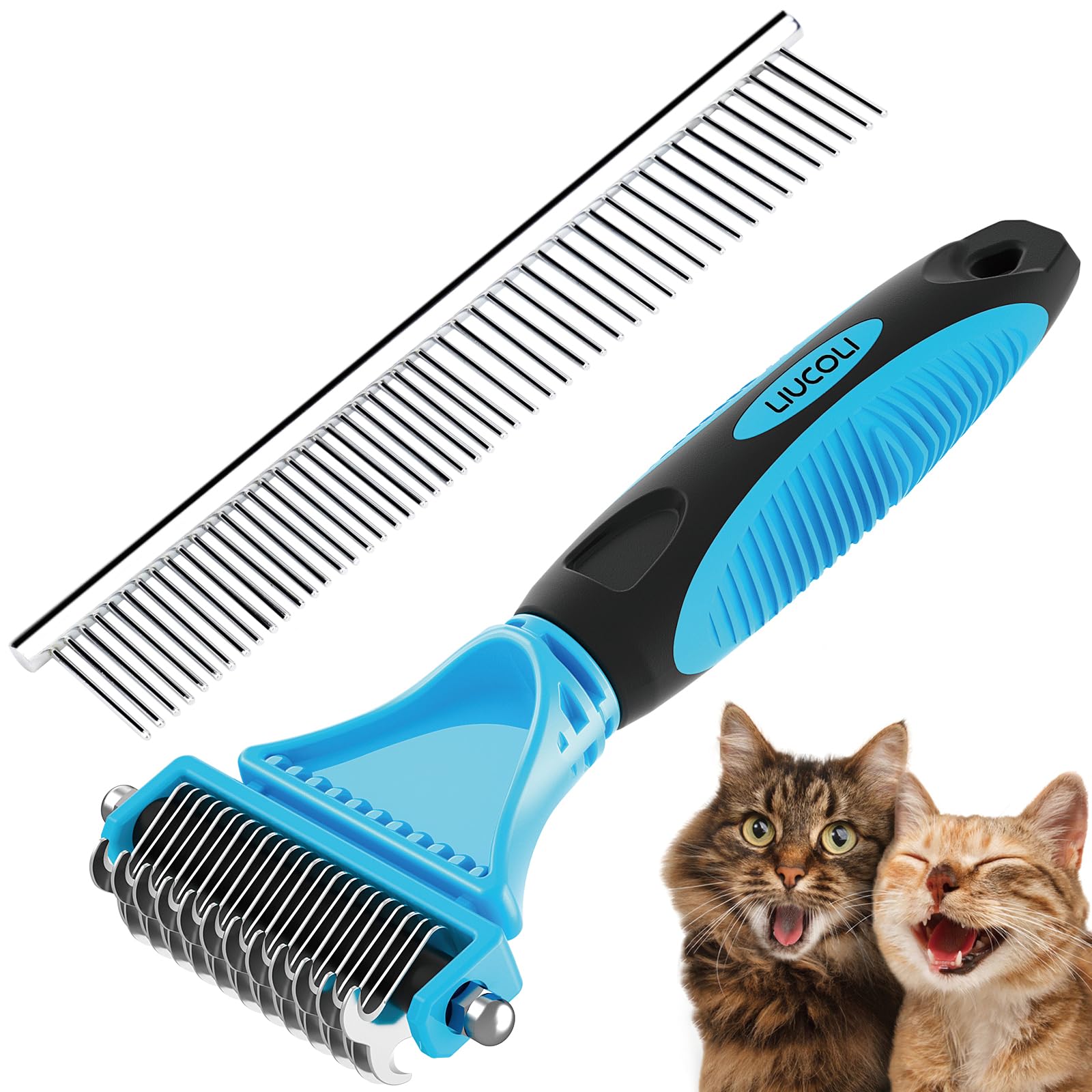 Professionelle Unterfellbürste für Hunde & Katzen - Doppelseitig 23+12 Zähne - 20 Stück Blau - Anti-Rutschgriff - Entfernt lose Haare & Knoten
