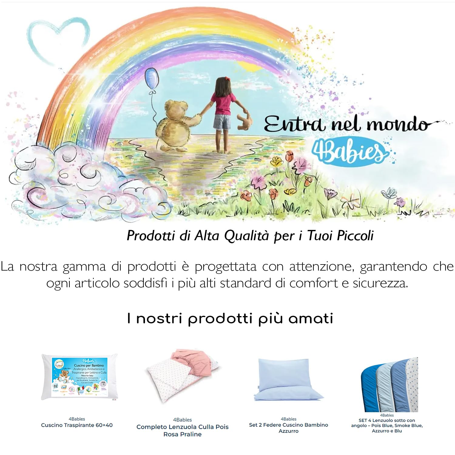 4BABIES - Cuscino Lettino Bambino 40x60, Cuscino per Bambini Traspirante Anallergico con rivestimento in Cotone 100% Italiano, Antiacaro Ipoallergenico per culla