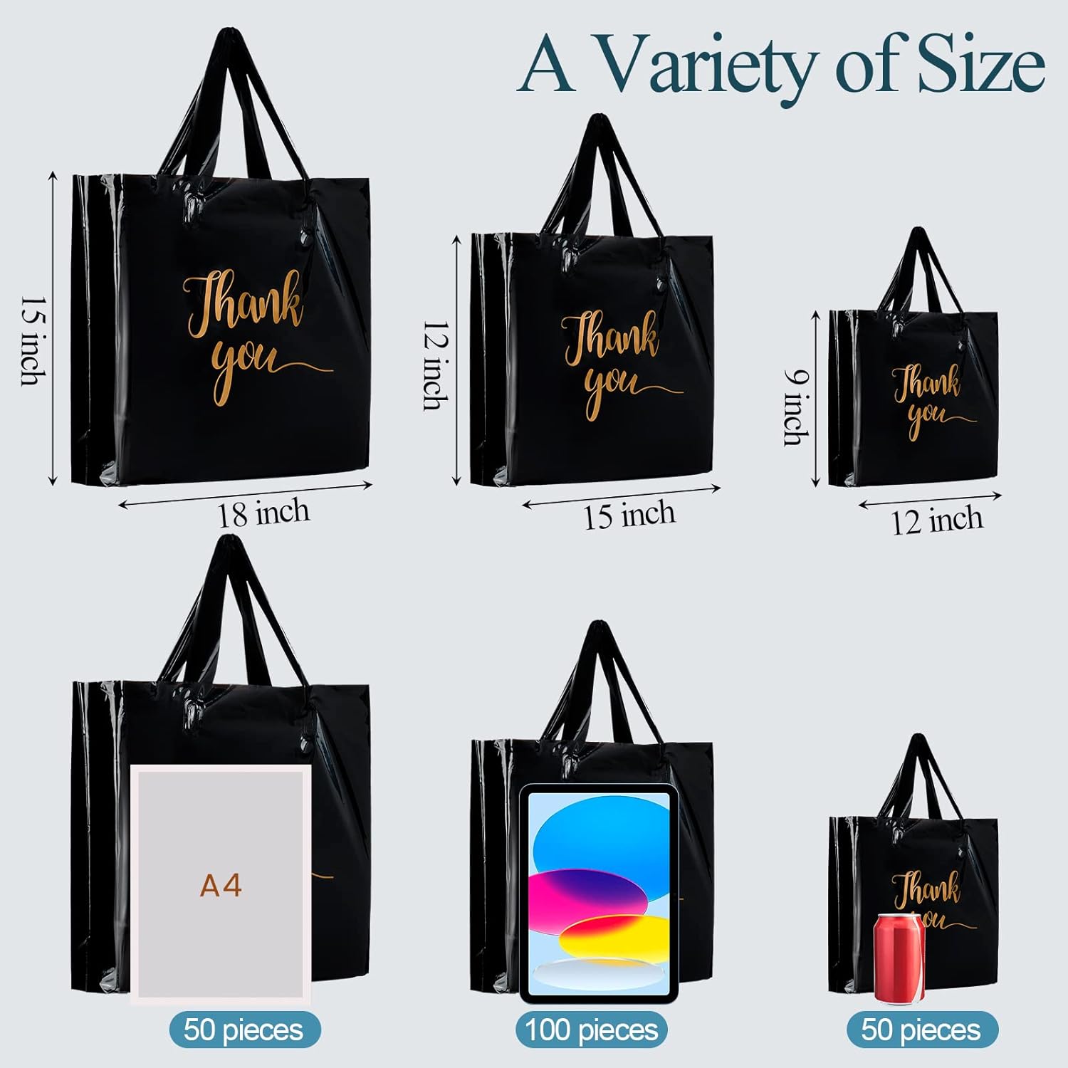 Teling 200 Pcs Thanks Bags with Handle Bulk Thank You Merchandise Bags 3 Size Plastic Packet Retail Shopping Package for Boutique 9 x 12'', 12 x 15'', 15 x 18''(Black) - Image 3