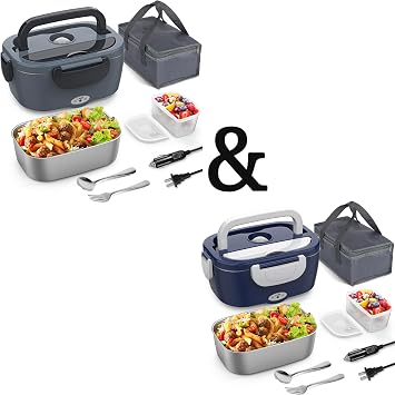 Electric Lunch Box, 2-Set Heated Lunch Box for Adults, 12V 24V 110V Portable Heating Lunch Box for Work/Car/Truck with Fork Spoon and Removable Stainless Steel Container, Black Gray + Blue White