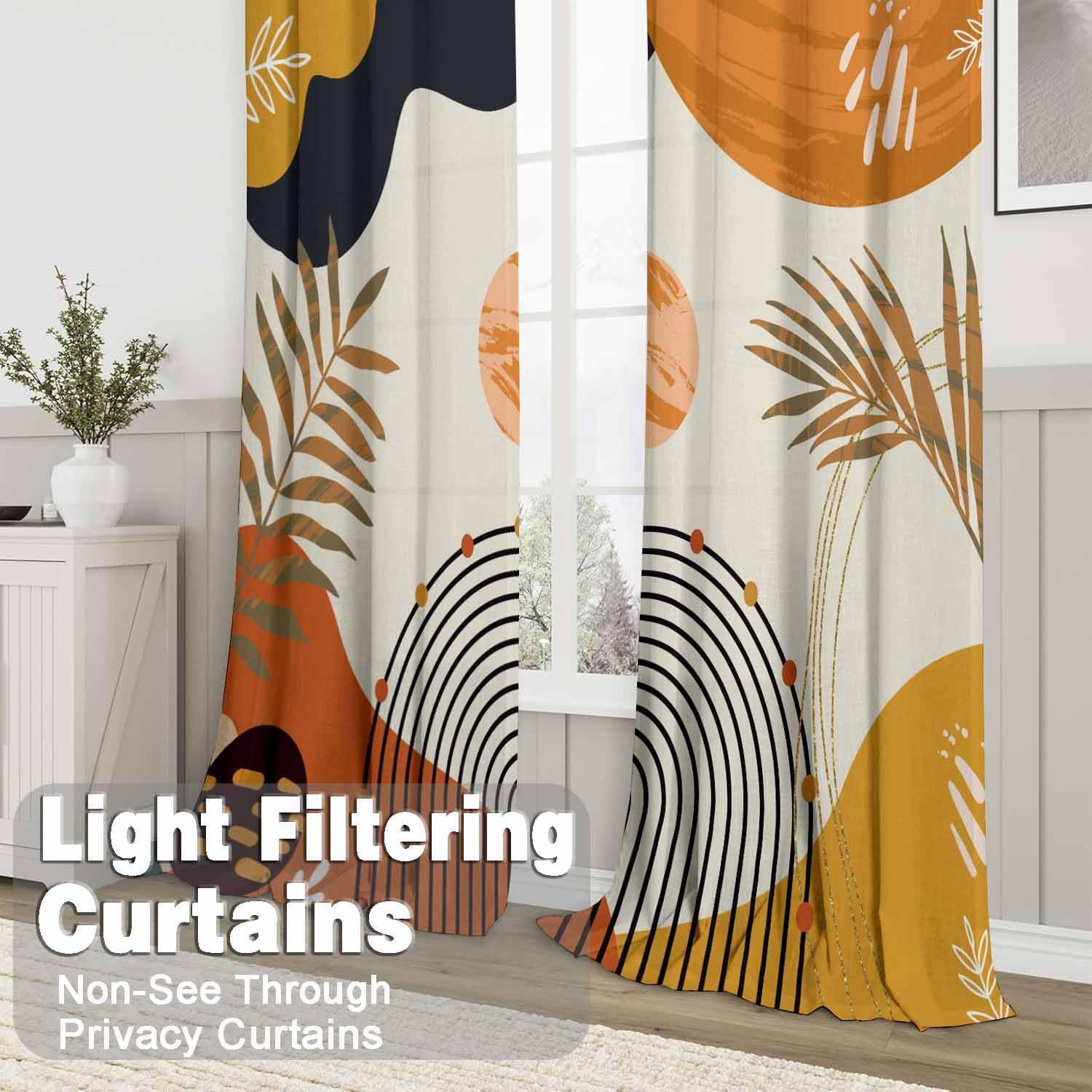 Boho Mid Century Abstract Leaves Curtains 52X84Inch Rainbow Living Room Curtain 2Pc Burnt Orange Curtains for Bedroom Modern Geometric Drapes Yellow Plant Colorful Curtain