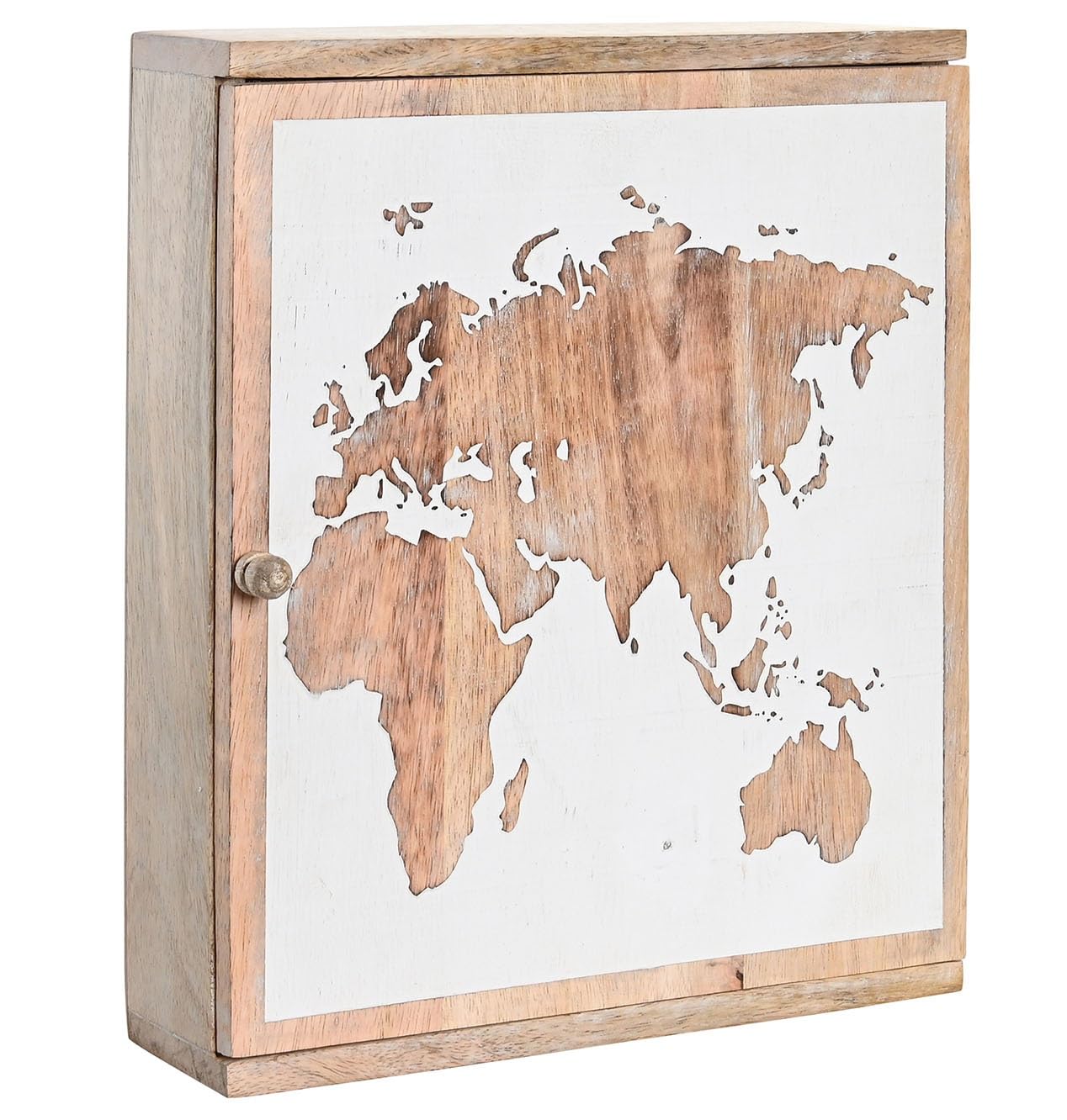LEKE GO Caja guardallaves mapamundo de Madera Mango Natural con 9 colgadores (Caja Llaves)