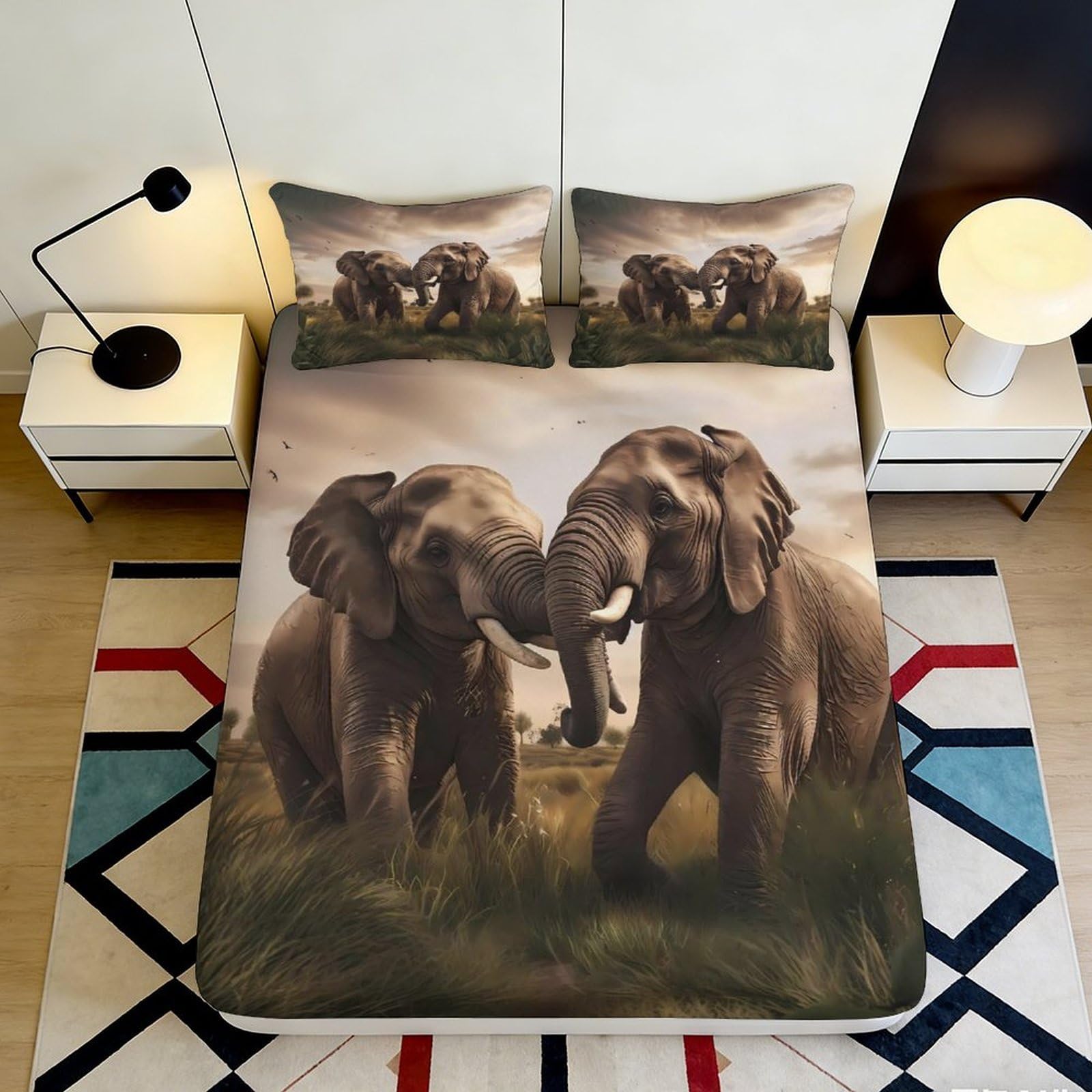 3D Printed Elephant Savannah Fitted Sheet Microfiber Soft Breathable Jungle Bed Cover for Bedroom Dorm Mattress Protection Decor 90x200x25cm