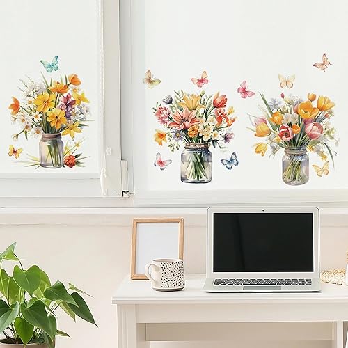 Miniatura 4 de Calcomanías de pared de mariposas con florero de flores, arte floral de sacinora DIY, calcomanías de pared extraíbles de vinilo para despegar y