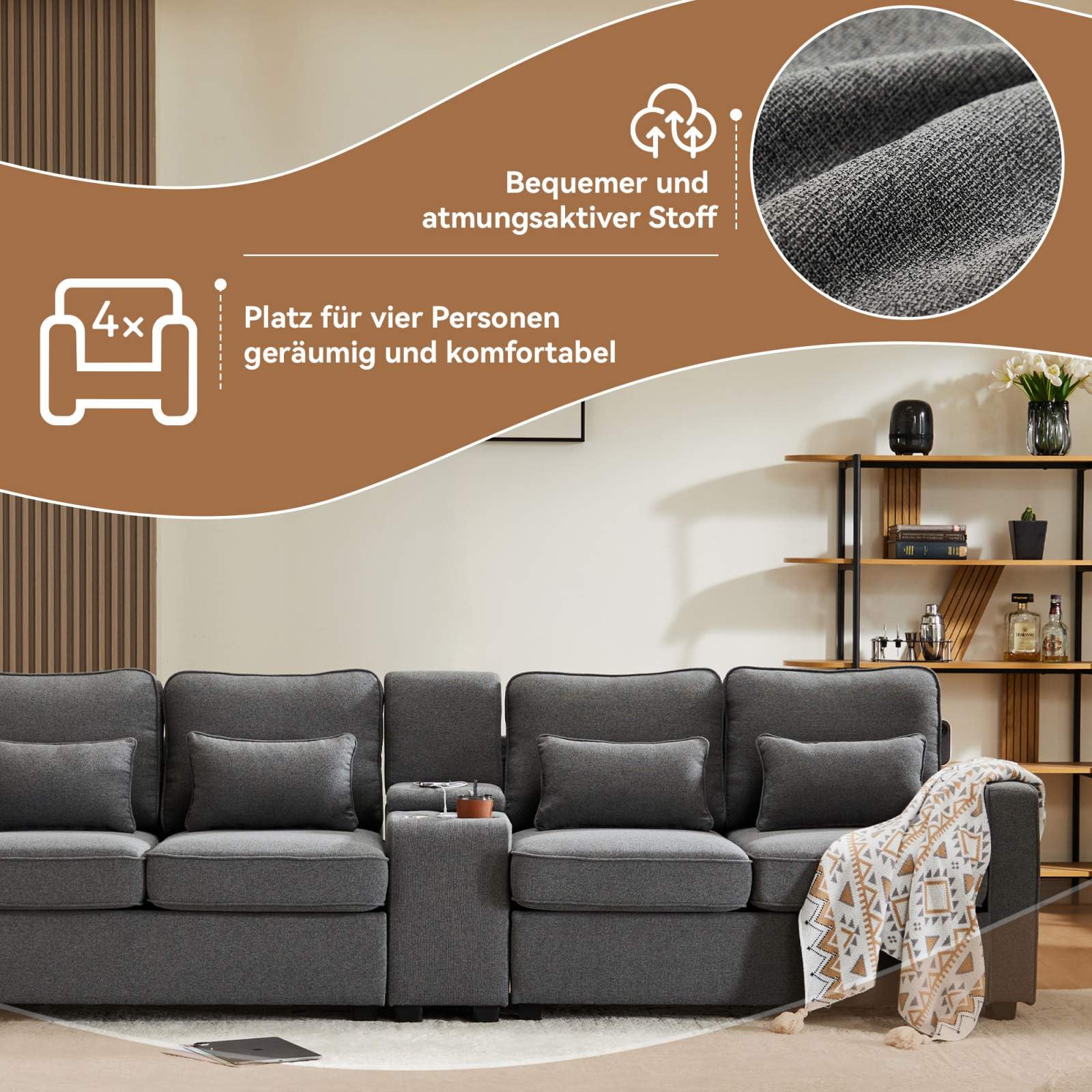 PUGSDRLY Canapé 4 places en tissu de lin moderne, canapé 4 places avec poches pour accoudoirs et 4 coussins, 2 porte-gobelets, 2 ports USB, style simple, adapté pour salon, bureau (gris foncé, largeur
