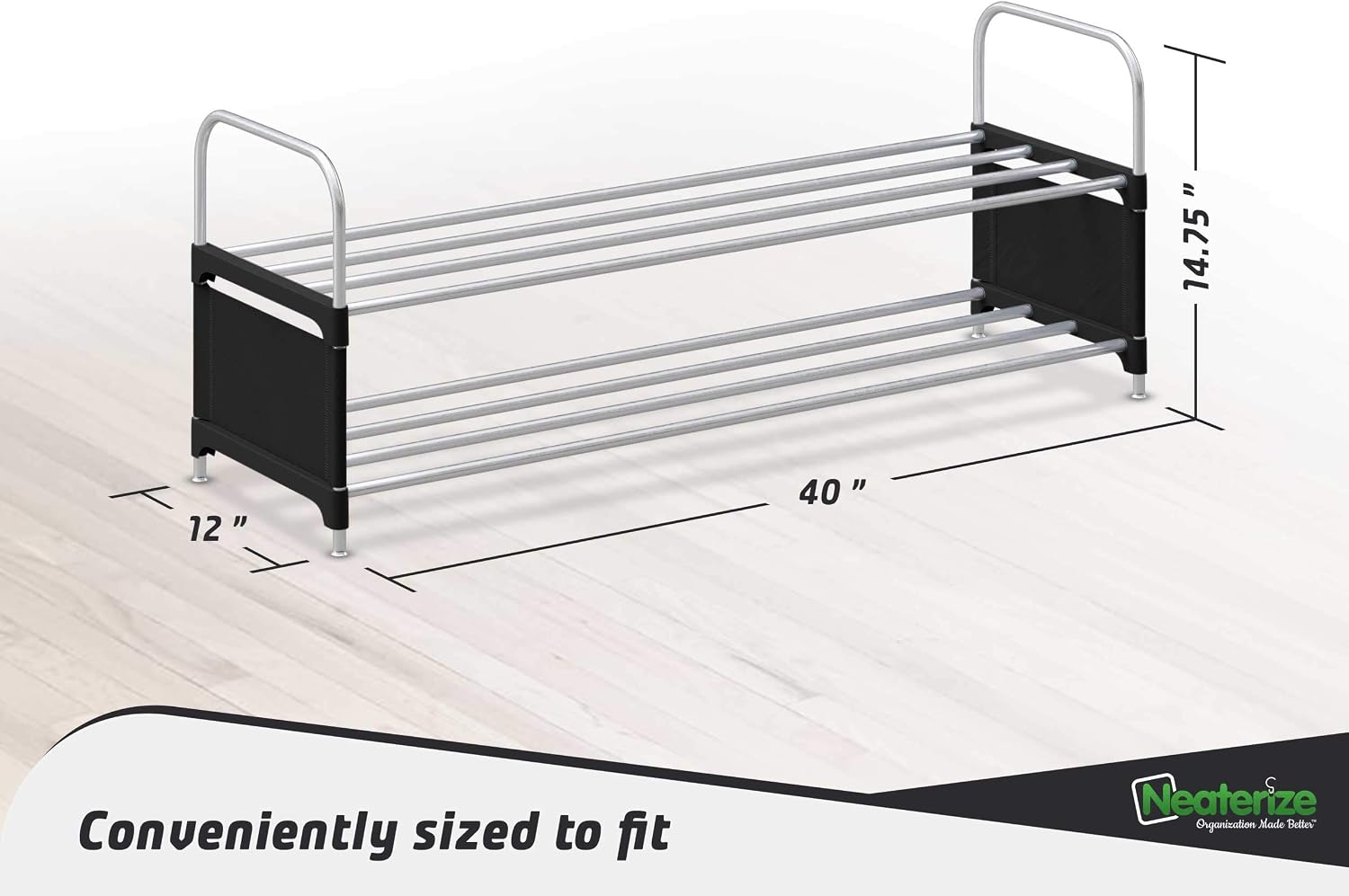 NEATERIZE 2 Tier Wide Shoe Rack | Stackable, Metal, Closet Shoe Organizer | Shoe Shelf Cabinet | Organizador De Zapatos | Shoe Rack For Closets, Entryway, Living Room And Bedroom (Black)