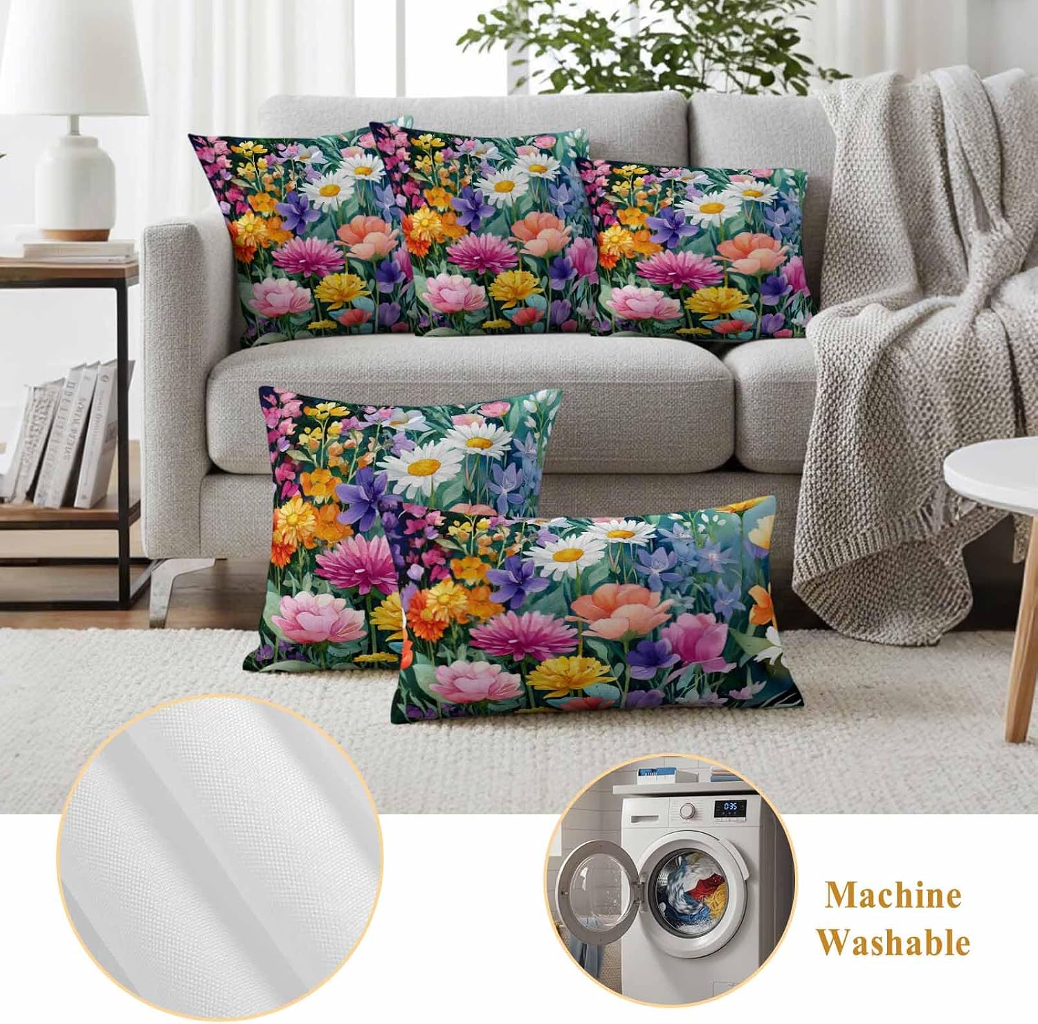 Watercolor Spring Floral Outdoor Waterproof Throw Pillow Covers 18x18 Set of 2, Farmhouse Flowers Colorful Decorative Pillowcases Cushion Pillowcase for Couch Sofa Patio Outside Pillow Protector