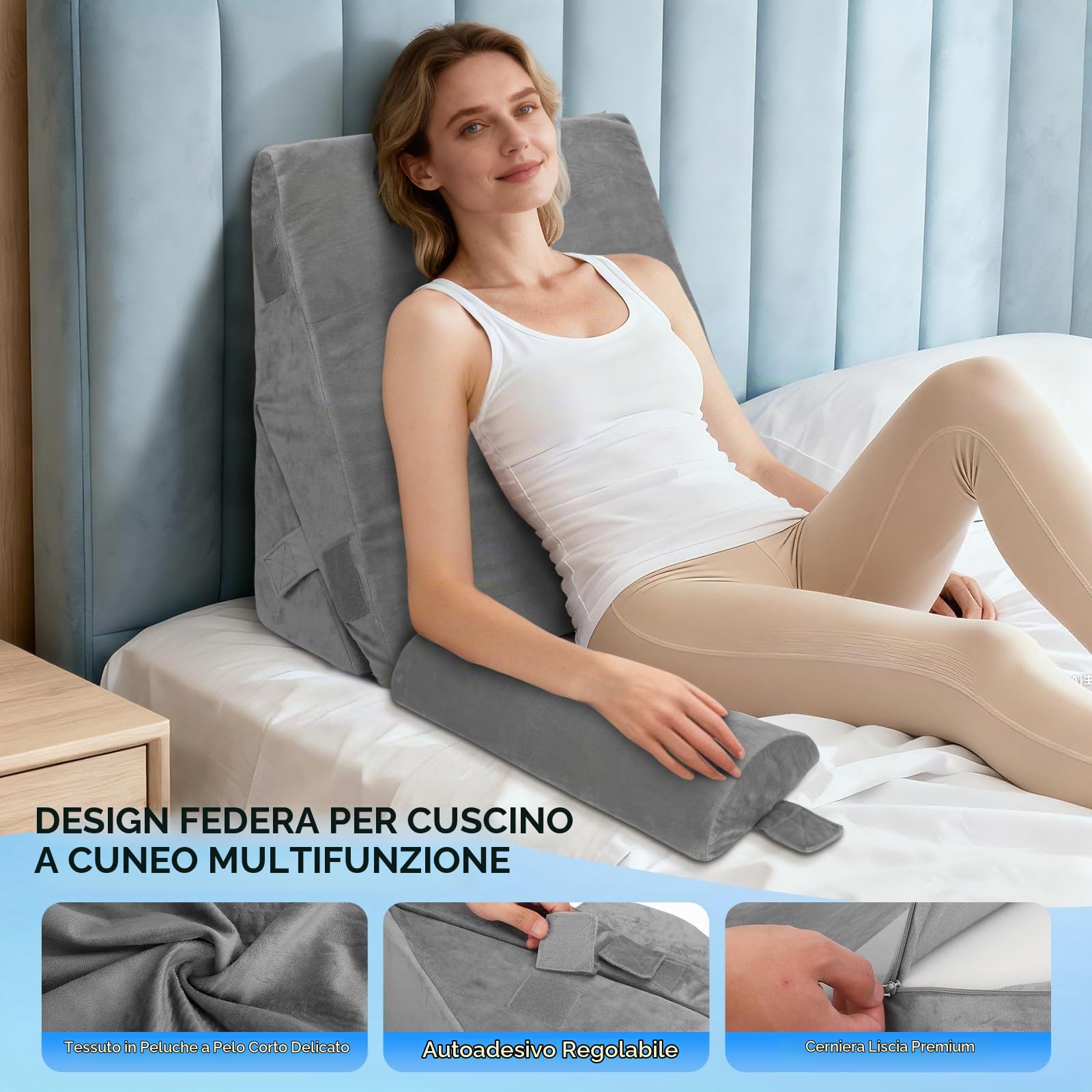 Cuscino a cuneo per letto e divano, cuscino da lettura a doppio strato in memory foam, cuscino a cuneo regolabile, cuscino ergonomico per gambe, cuscino per la schiena per giocare, leggere (grigio