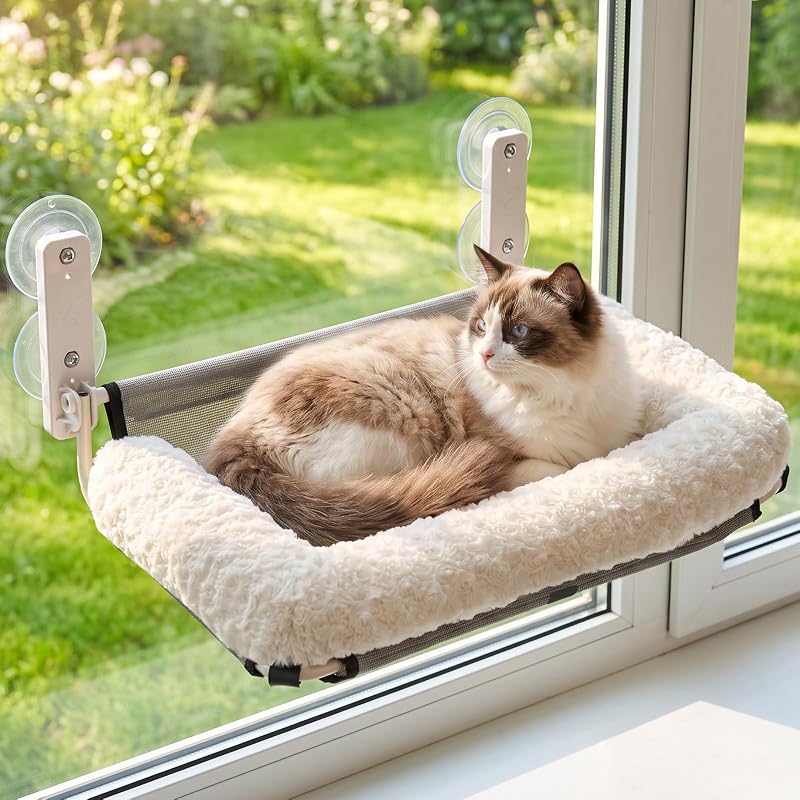 Cama de Janela Dobrável para Gatos Veehoo com Almofada de Pelúcia Branca