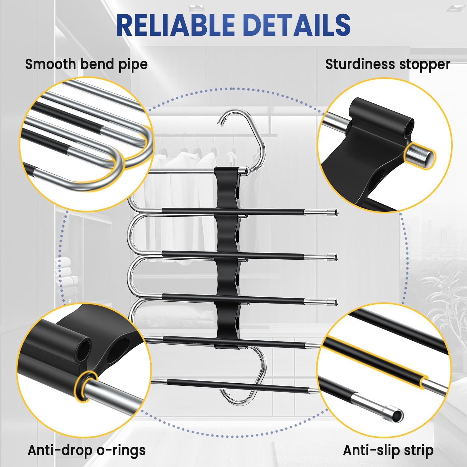 DAMITA Pants Hangers Space Saving - No Need Installation 2 Pack 5 in 1 Layers - Black Stainless Steel Metal Jeans Hangers - Closet Organizers and Storage Anti-Slip Design for Pants Scarf Legging