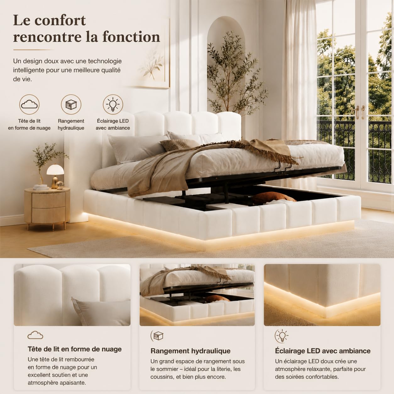 Evedy Lit Coffre 180x200 cm avec Rangement Hydraulique et LED, Lit Double avec Kopfteil Nuage et Latte, Lit en Bouclé Beige pour Chambre Moderne