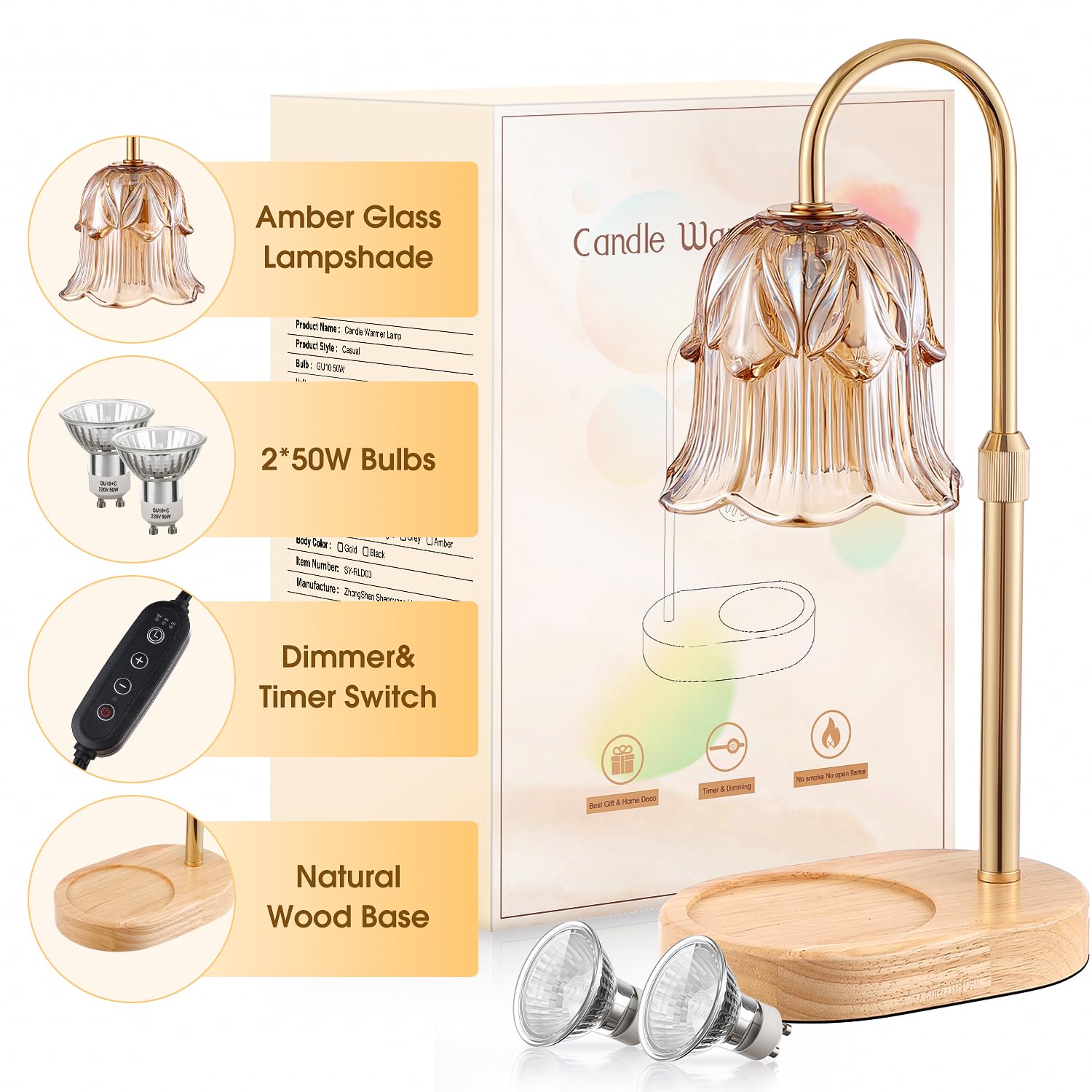 Candle Warmer Lamp with Timer - Adjustable Height Electric Candle Warmer Lamp with Dimmer, Flower Glass Shade Wax Melt Warmer with Wood Base, Dimmable Halogen Candle Warmer for Jar Candles Home Decor - 3