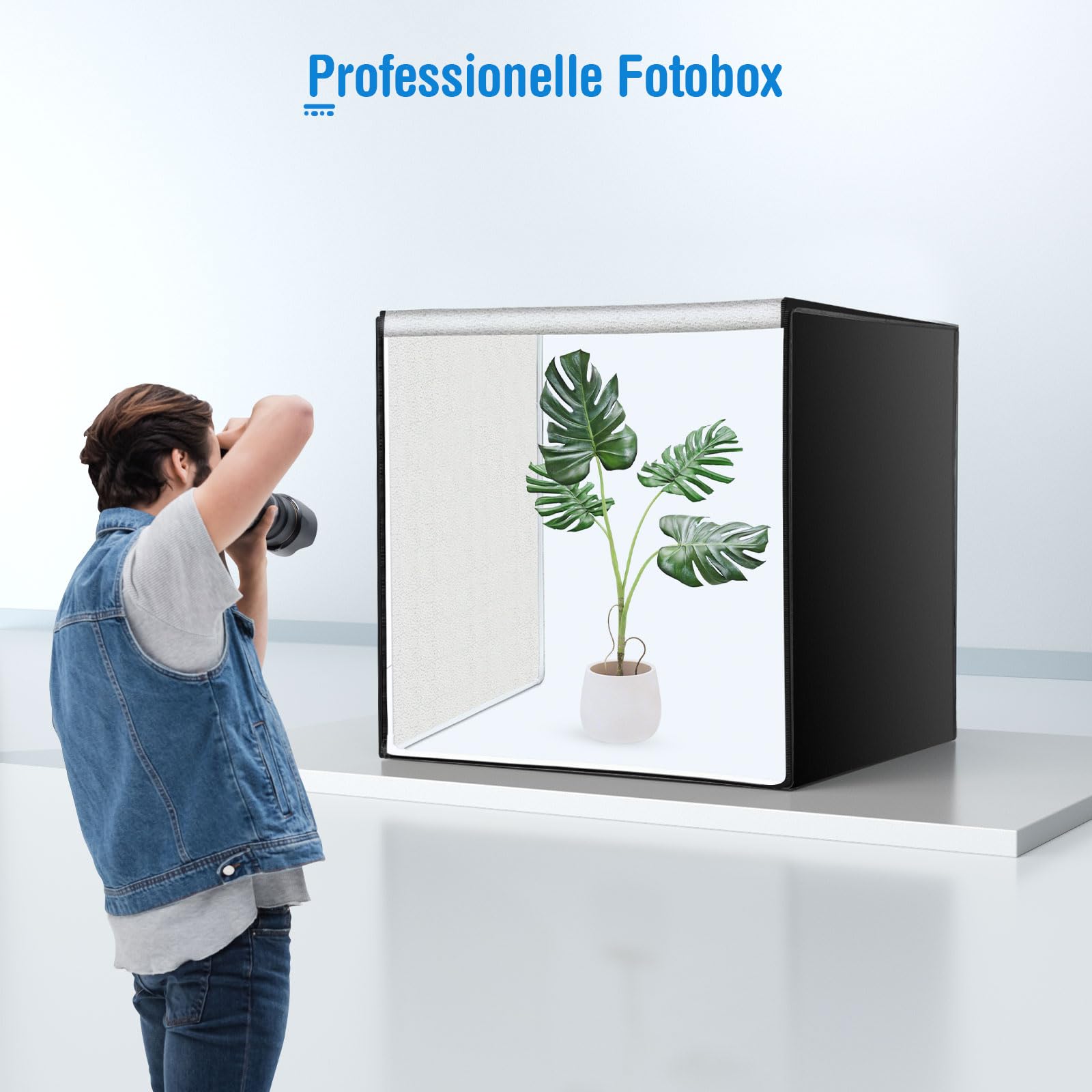 OMBAR Caja de Luz Estudio Fotográfico Portátil 100x100x100cm Caja de Fotografía con 4 Tiras Panel 384 Cuentas LED Luz Estidio Fotográfico con 5500K-6000K 3 Fondos de Fotografía(Negro Blanco BLU)