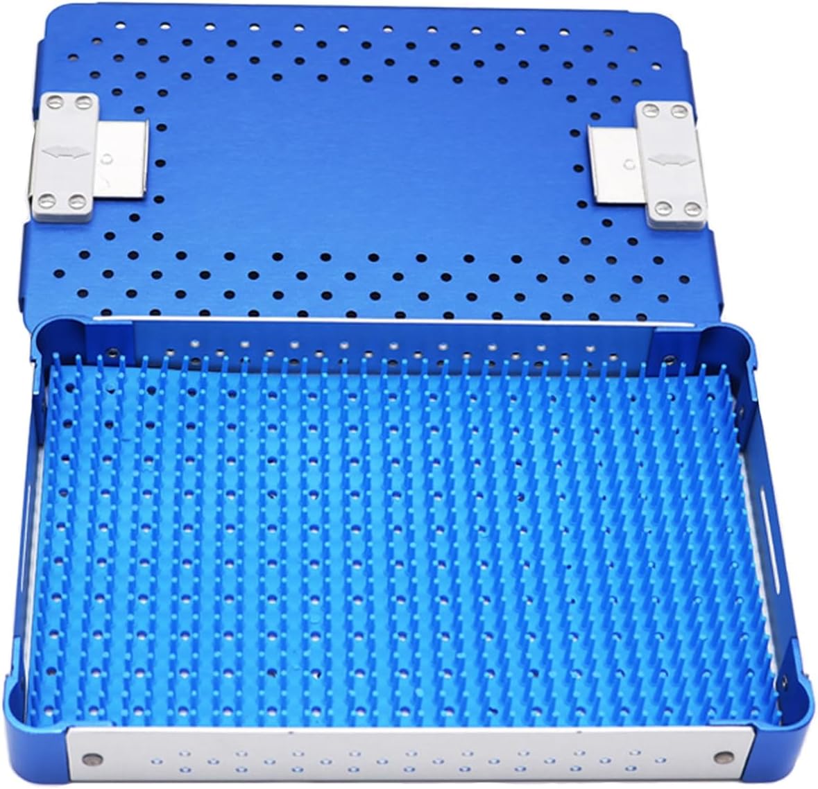 手術器具滅菌ボックス、手術トレイ、シリコンパッド付き医療用アルミニウム合金器具滅菌ボックス、病院に最適、歯科器具、歯科トレイ(Blu
