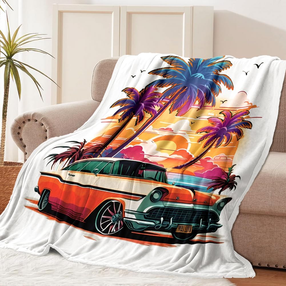 Car Blanket Coconut Tree Throw Blanket Vintage Car Pattern Blanket Ultra Soft Flannel Fleece Throw Blanket Lightweight Cozy Fluffy Plush Blanket for Bed Couch Sofa 60" X 80", Vintage Car