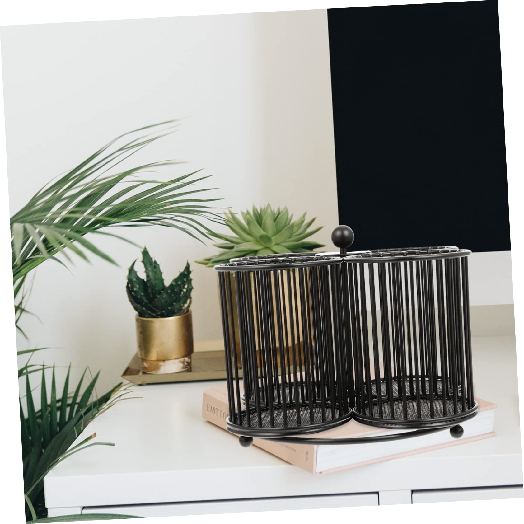 NUOBESTY Drehbarer Metall Stiftehalter aus Eisen, Schwarz, Vierfach | Schreibtisch und Schminktisch, Glatte Oberfläche, Angenehme Haptik, Multifunktionale Aufbewahrung