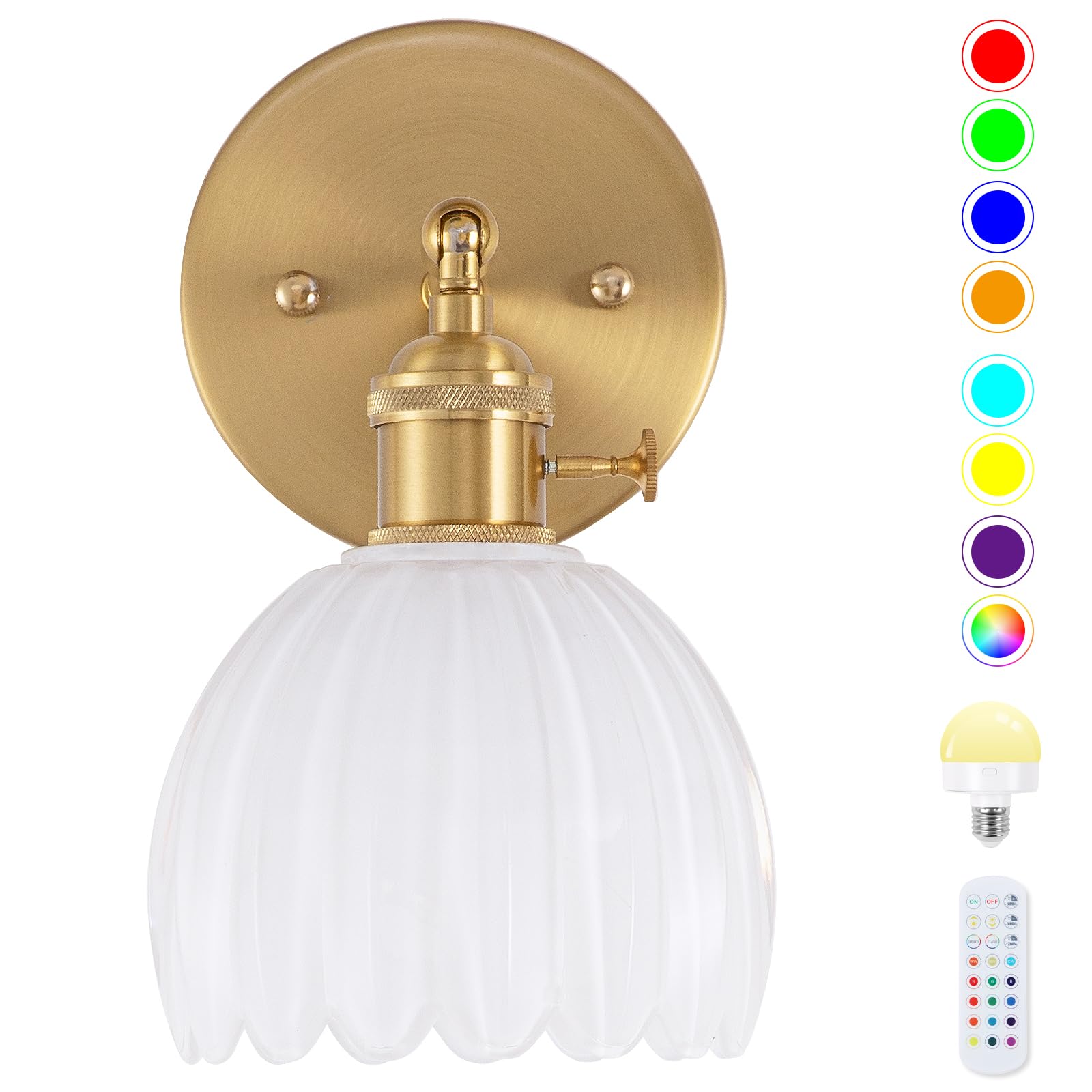EIDEARAY Battery Operated Wall Lights, Vintage Wall Sconce with Milky White Tulip Glass Lampshade Rechargeable Wall Light with Remote Control for Bedroom,Living Room, Hallway, Aisle