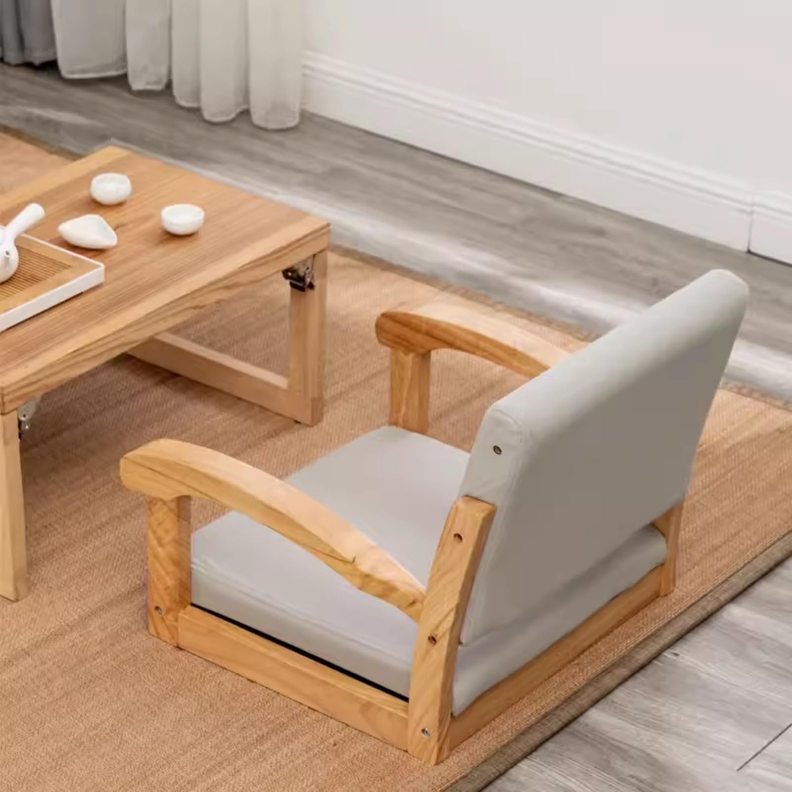 Silla de Suelo de Madera con reposabrazos y Respaldo para meditación, Silla Japonesa portátil sin Patas, sofá Relajante para meditar y Leer Junto al ventanal.
