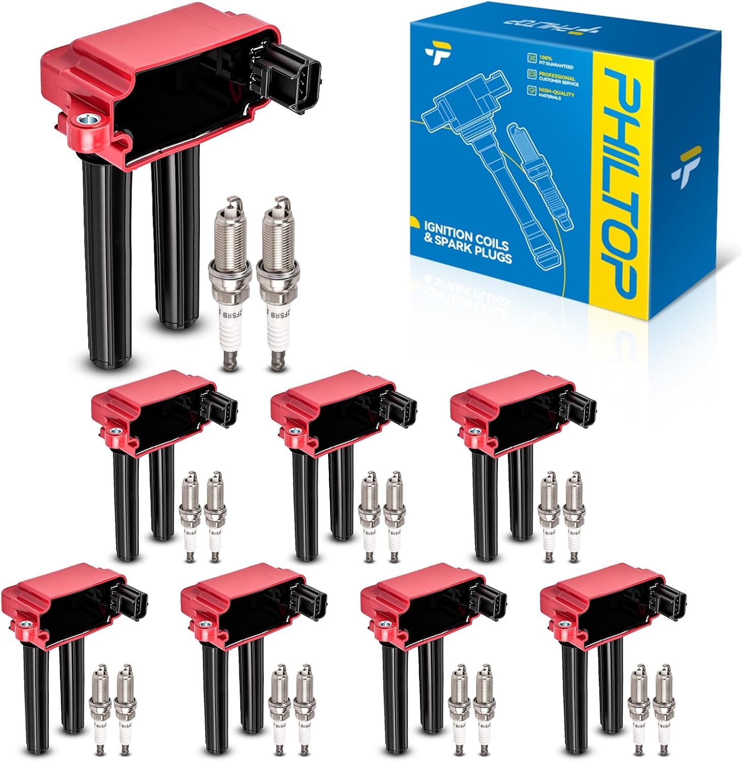PHILTOP Ignition Coil Pack and Iridium Spark Plugs Fits for Ram 2011-2022 1500 5.7L, 2019-2023 1500 Classic 5.7L, Jeep 2009-2023 Grand Cherokee 5.7L, Dodge 2009-2023 Charger 5.7L, 8PCS UF504