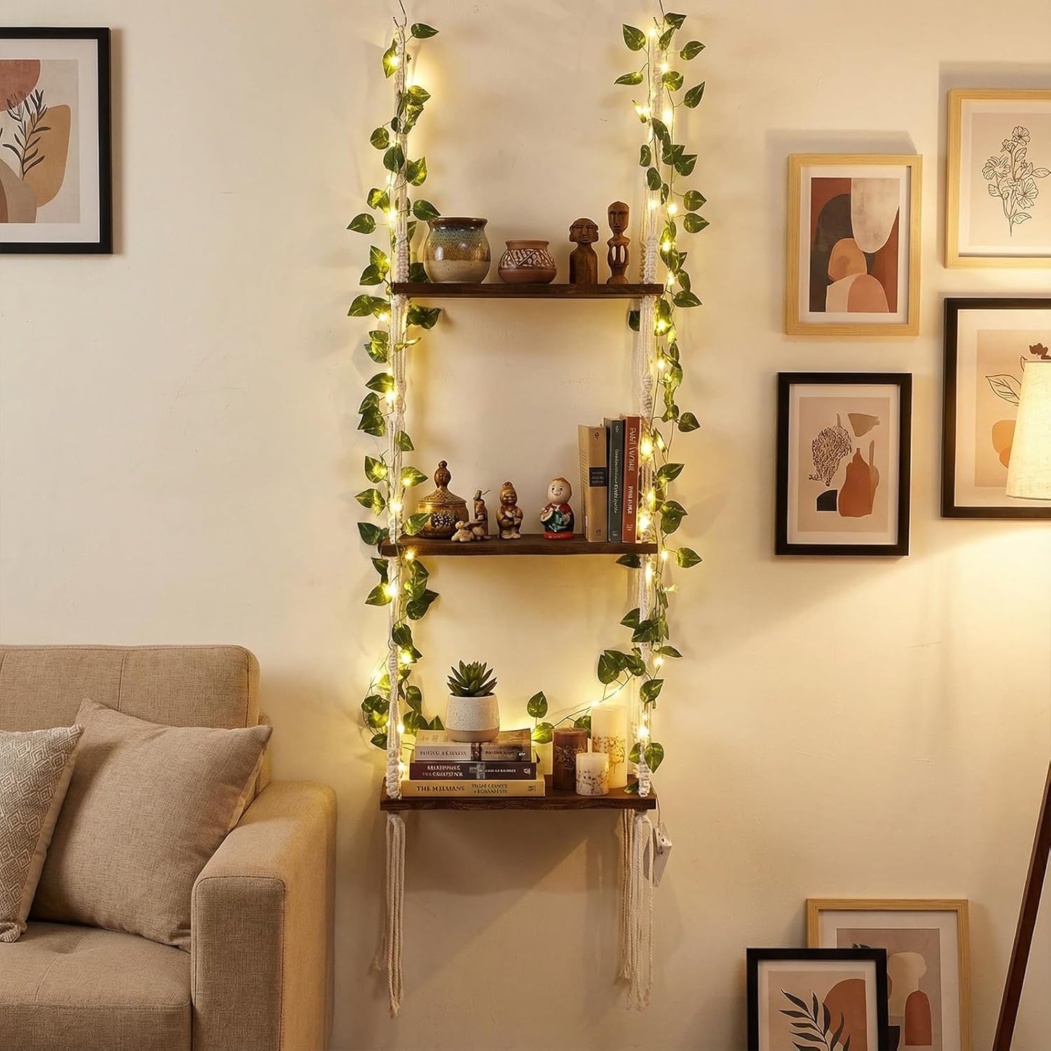 Novabright 3-Tier Boho Wall Hanging Shelves with LED Lights and Green Leaves, Irregular Edge, Floating Wall Shelf for Bedroom Art, Wooden Hanging Floating Storage Shelves Room Decor