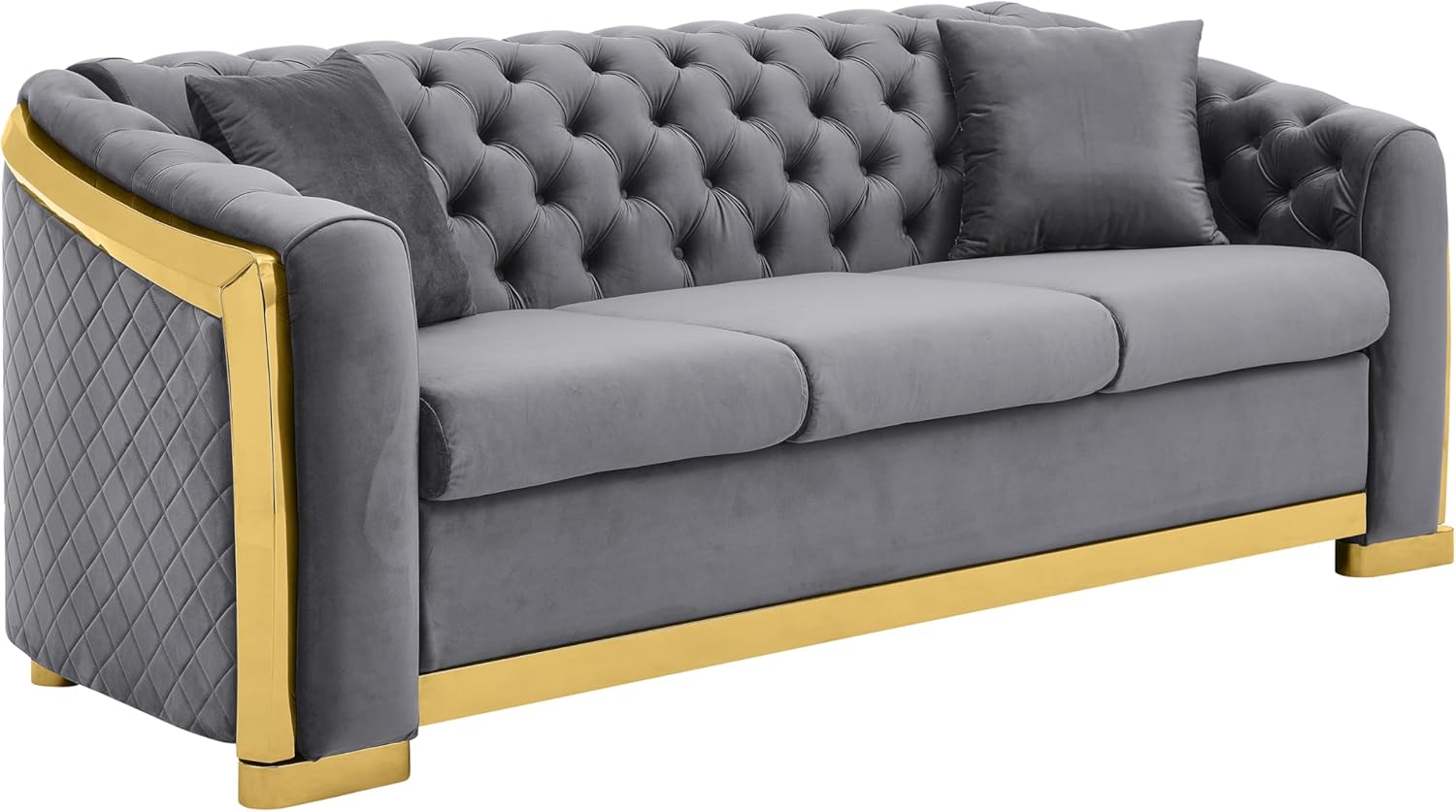 WILLIAMSPACE 81" Tufted Velvet Sofa Couch for Living Room, 3 Seater Button Sofa with Stainless Steel Gold Plating Decoration, Comfy Soft Upholstered Couch with 2 Pillows - Grey