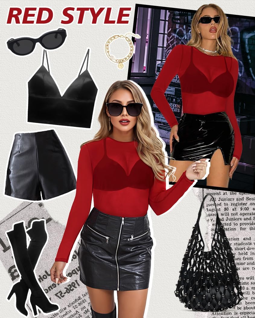 Women's Mesh Tops See Through Shirts Long Sleeve Bodycon Sheer Blouse Clubwear - Image 4