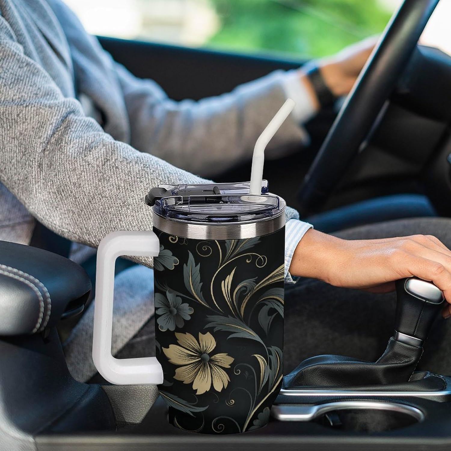 Elegant Black Flowers Travel Coffee Mug Reusable Durable Stainless Steel Insulated Tumbler with Handle And Straw Leak Resistant Portable Thermal Cup Gifts for Men Women 40 Oz