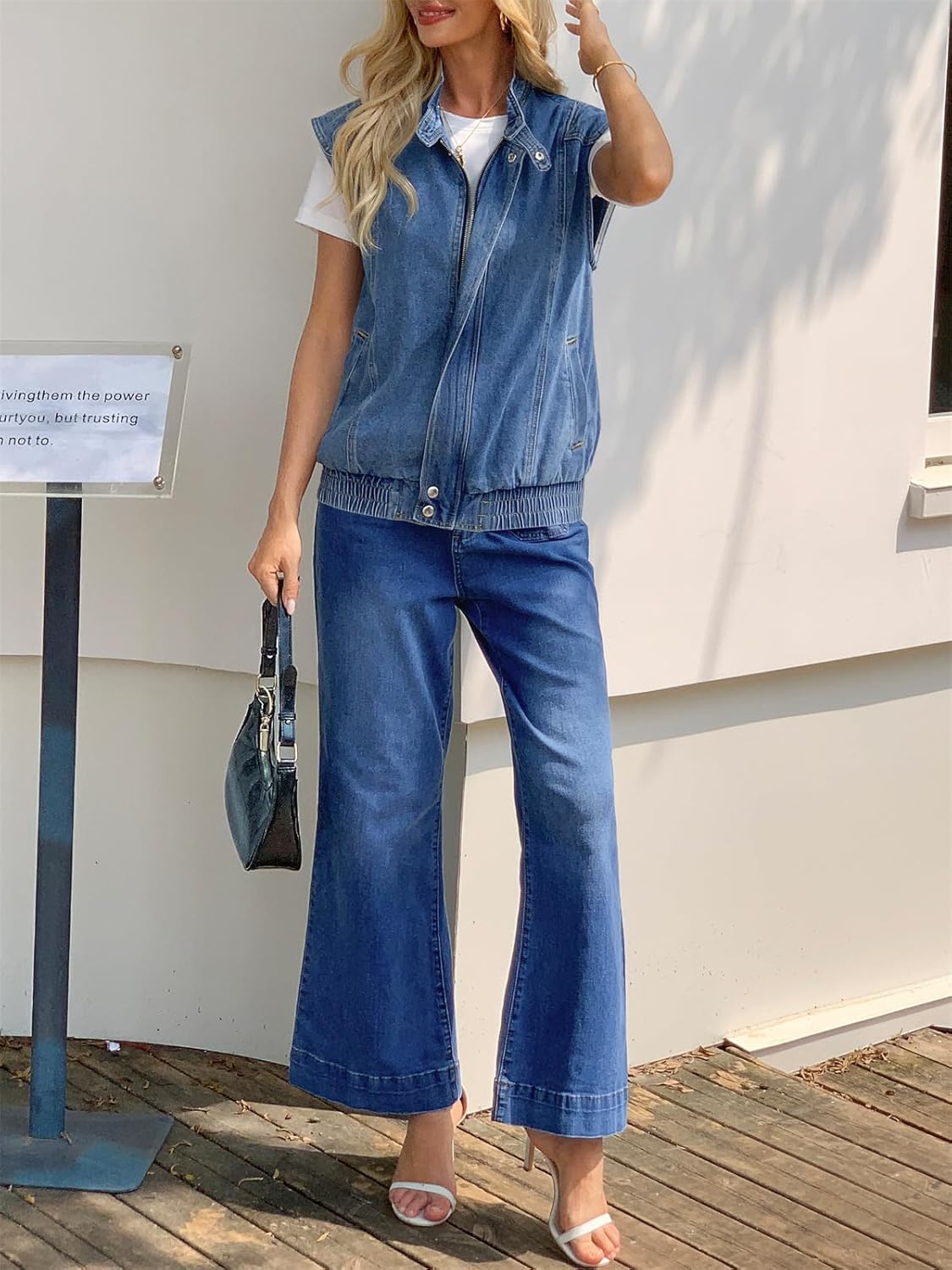 Tankaneo Womens Denim Vest Casual Zip Up Jean Vest Tops Utility Cargo Oversized Sleeveless Jacket - Image 5