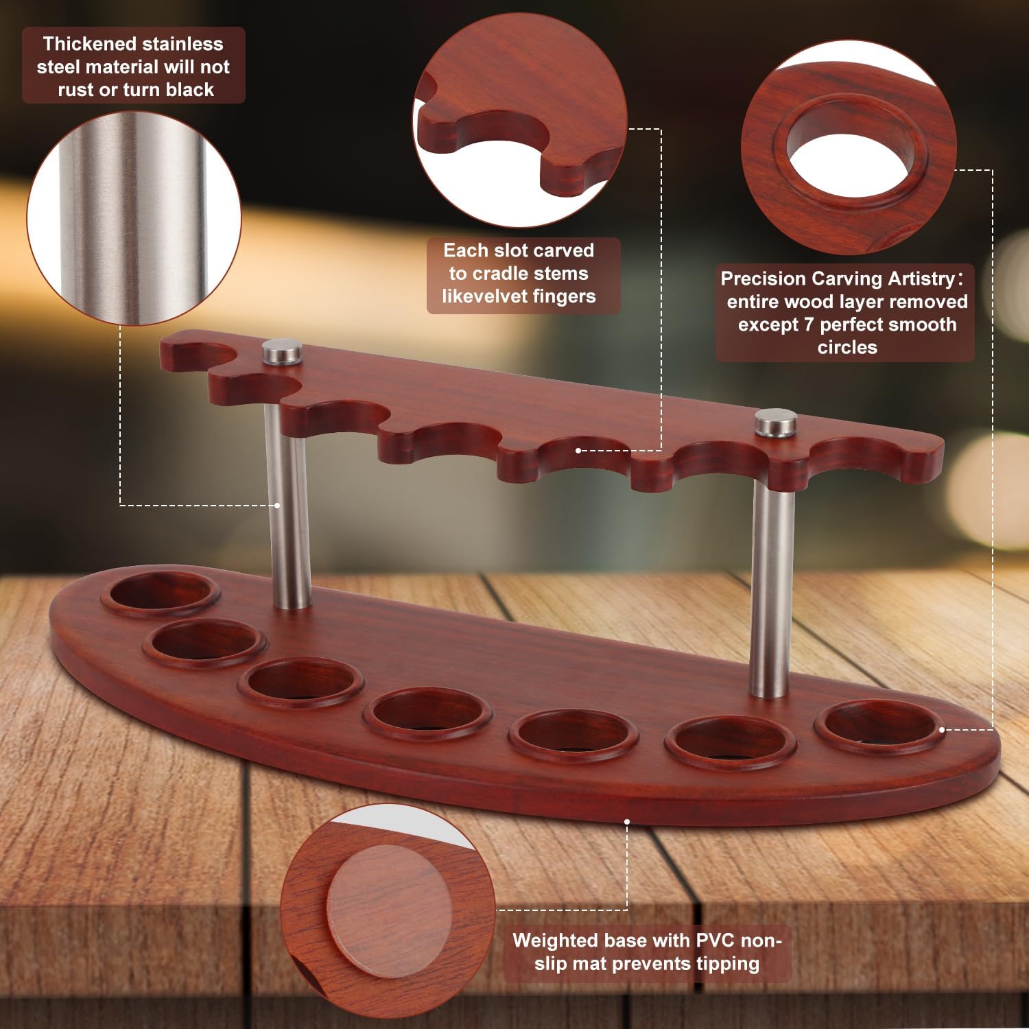 Natural Solid Rosewood Tobacco Smoking Pipe Stand Holder for 7 Pipes - Artisan Handcrafted Tobacco Pipe Rack Luxury Organizer| Natural Wood Grain Display & Collector's Storage Rack(Tobacco Pipe Not Included)