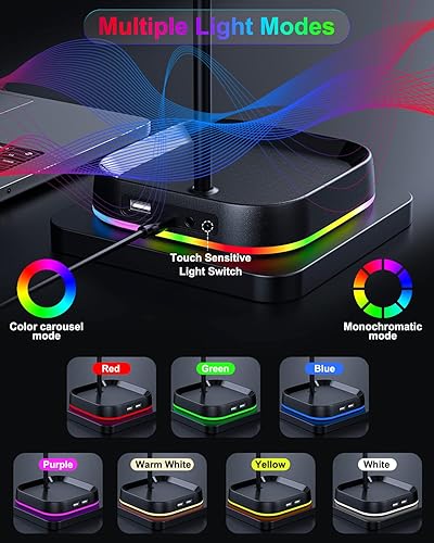 Miniatura 2 de Soporte de auriculares RGB para juegos para escritorio, soporte para auriculares, almacenamiento de auriculares con 3 puertos USB y AUX de 0.138 in,