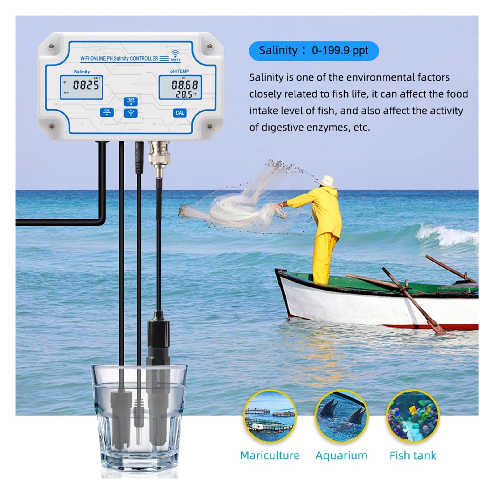 WiFi 3w1 Temp PH Kontroler miernika zasolenia Tester wody morskiej Inteligentny zdalny monitor Tuya online