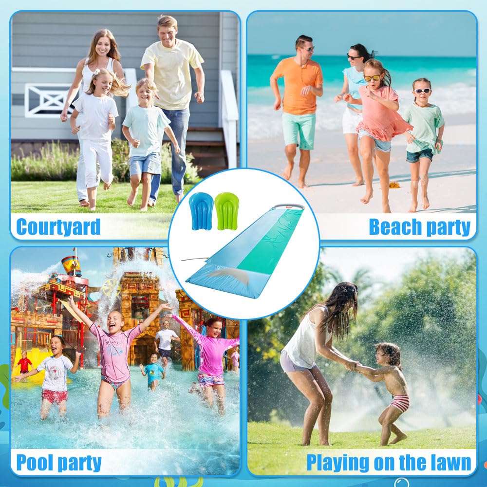 Aufblasbare Wasserrutsche Garten 550x145cm mit 2 Bodyboards Doppelte Wasserrutsche Eingebautem Sprinkler Hai-Stil