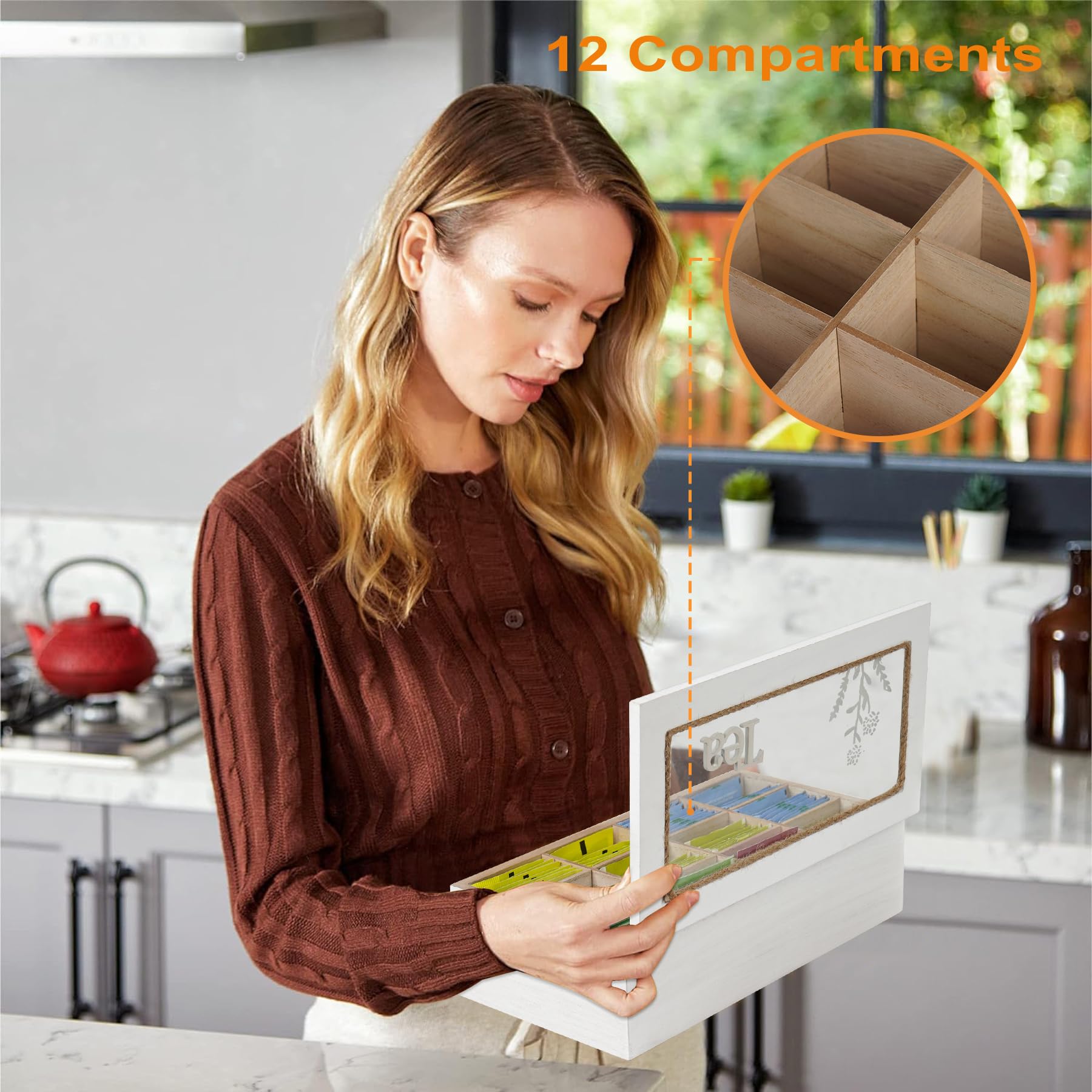 Boîte à thé, organiseurs et rangement en bois, 12 compartiments de rangement pour thé, organiseur de sachets de thé rustique, organiseur pour sachets de thé pour comptoir, armoire de cuisine