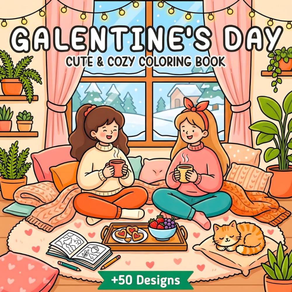 Galentine's Day Cute & Cozy Coloring Book: +50 Designs Easy to Color , heart-touching & happy hangouts Moments for Relaxation & Stress Relief