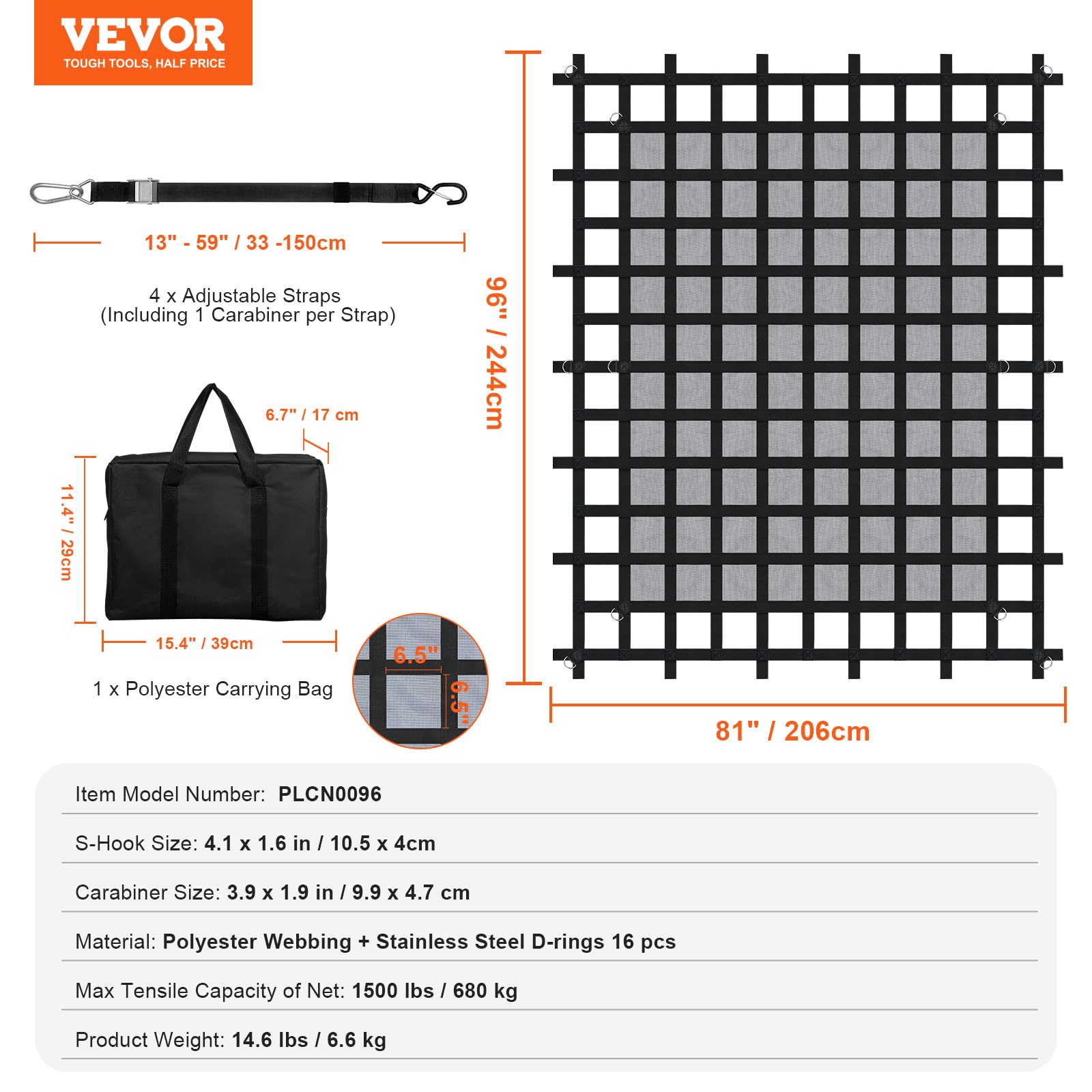 VEVOR Rete di Carico, 2440 x 2060 mm Rete di Carico per Camion ad Alta Resistenza per Cassone di Camion, 4 Cinghie Regolabili, Moschettoni e Ganci a S, Resistente all'Usura e alle Intemperie, per SUV