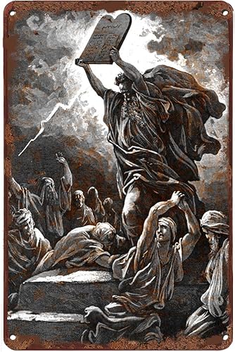 Letrero de metal vintage de Gustave Dore con moisés y los diez mandamientos, historia bíblica, decoración de metal, póster de arte vintage,