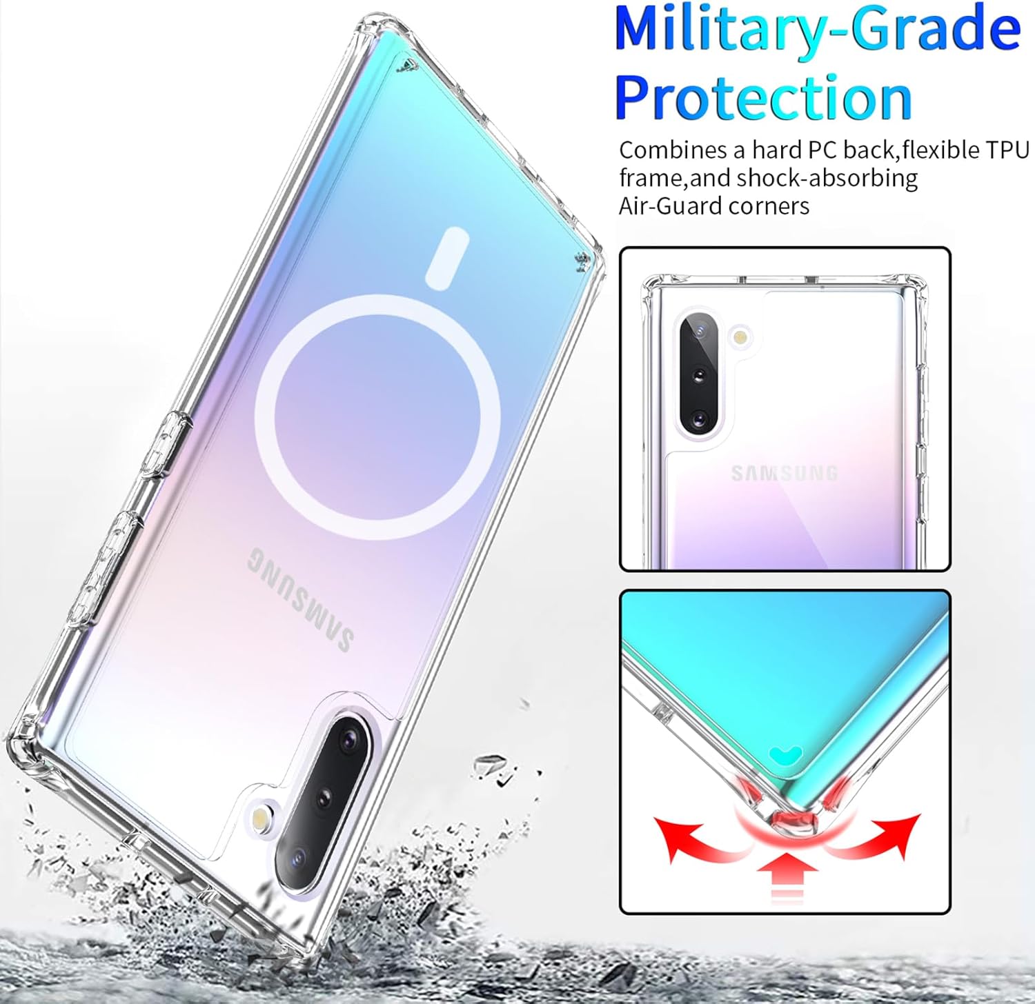 for Samsung Galaxy Note 10+ Plus Case, Magnetic Transparent Anti-Yellowing Military-Grade Shockproof Dropproof Protection Cover Funda for Galaxy Note 10+ Plus, Clear - Image 3