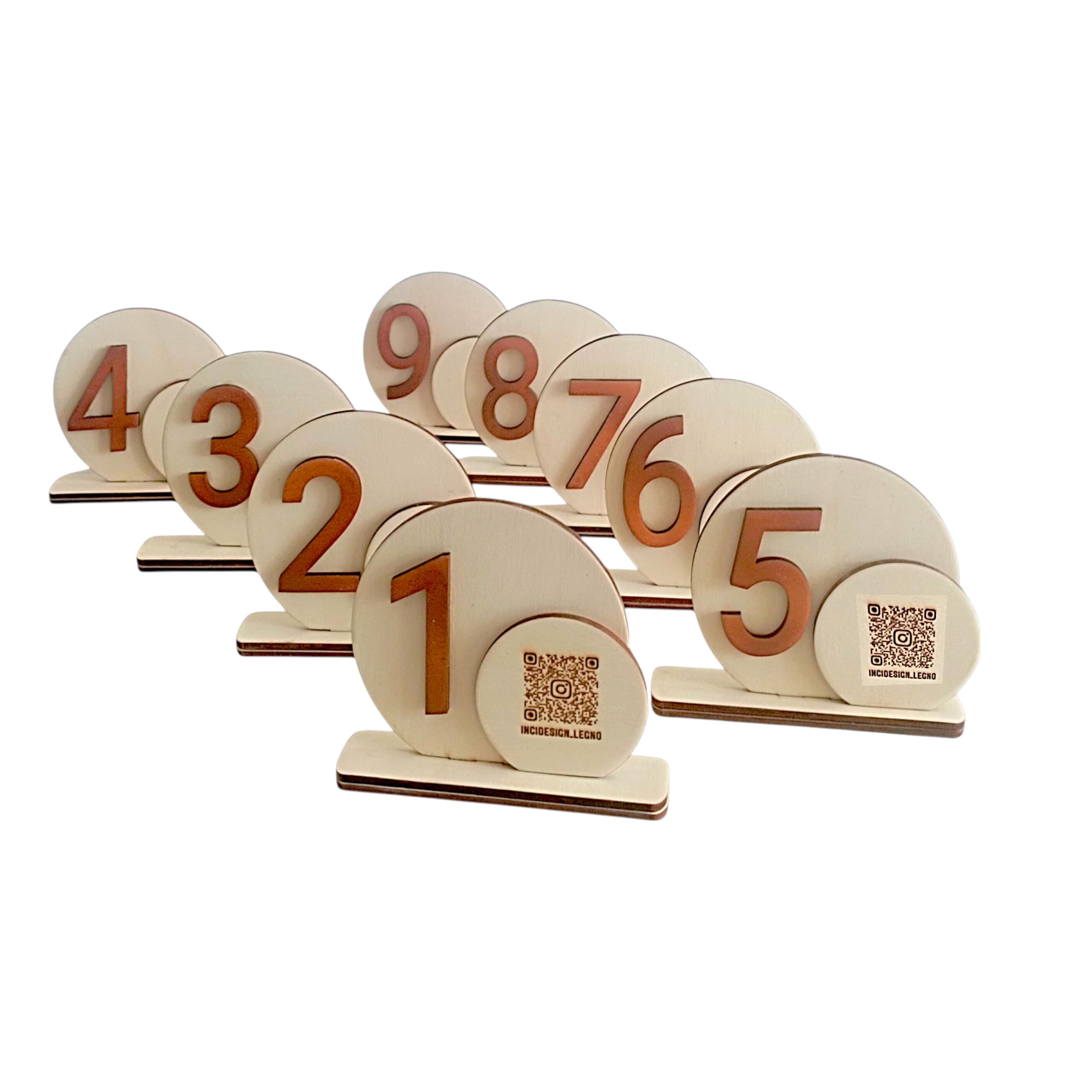 Set da 9 Segnaposto Numerati InciDesign in Legno Naturale - Numeri Tavolo con Qr code per Ricevimenti, Eventi Bar e Ristoranti - Stile Minimal ed Elegante - Scelta Colori - Made in Italy