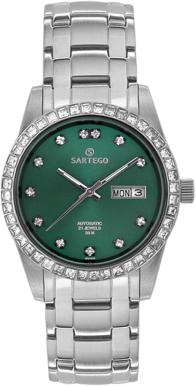 Men's SSGN13 Classic Analog Green Face Dial Stainless Steel Swarovski Bezel Watch