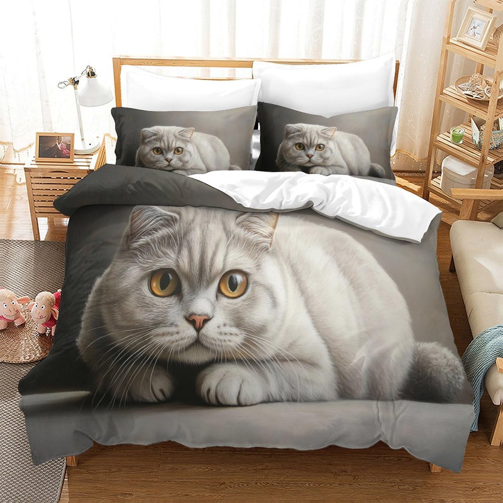 MJFCoin Scottish Fold Duvet Cover 3 PCS Hotel Quality Quilt Cover Bedding Sets Bed Covers with Pillowcases with Zipper Closure Hypoallergenic Soft Breathable Microfiber Single（140x200cm）