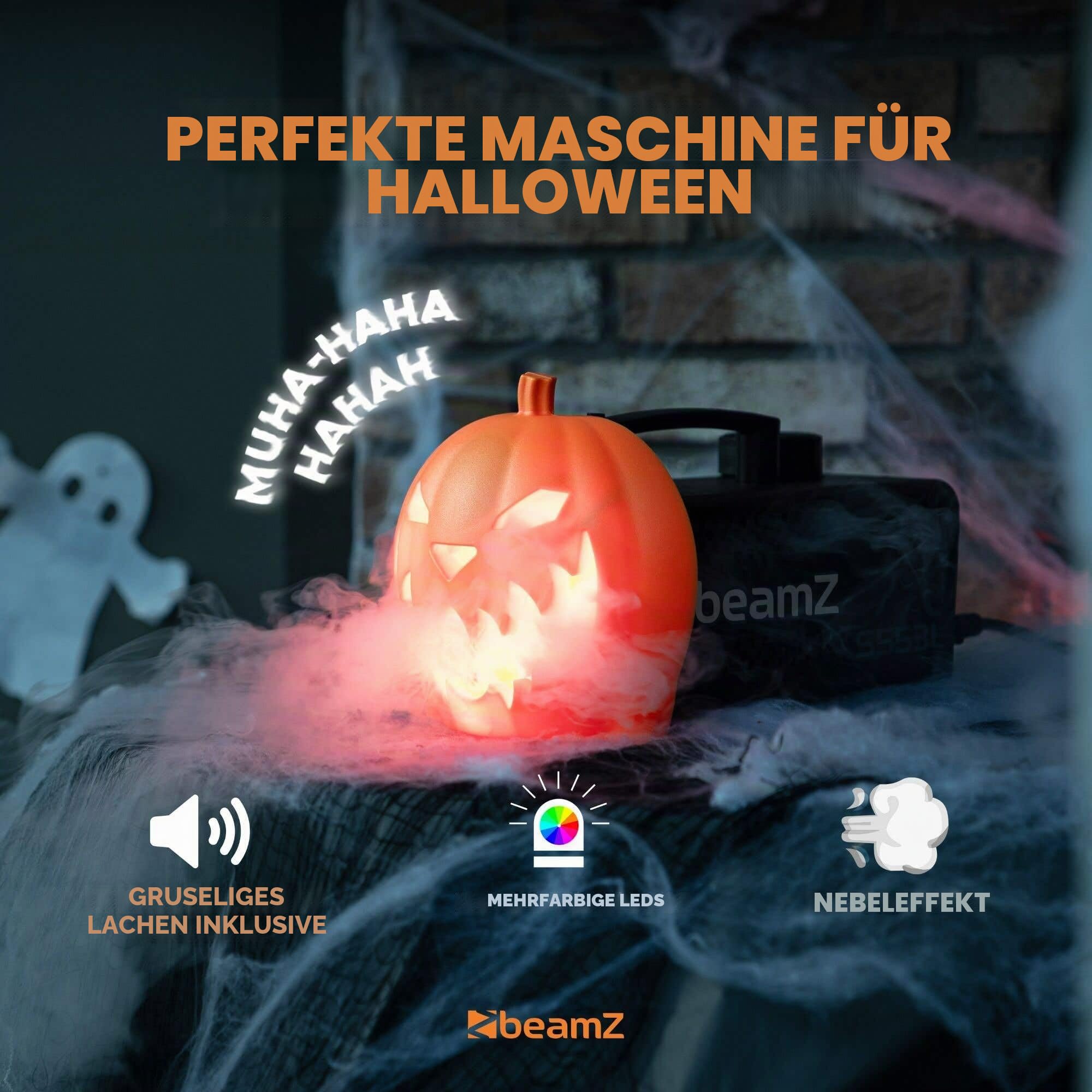 BeamZ S553L Nebelmaschine Halloween Deko mit LED Kürbis Kopf, 550 Watt Rauchmaschine mit Erdbeer Fluid und Reinigungsflüssigkeit, 2-in-1 mit Halloween Kürbis Deko 16 Farben, Soundeffekt