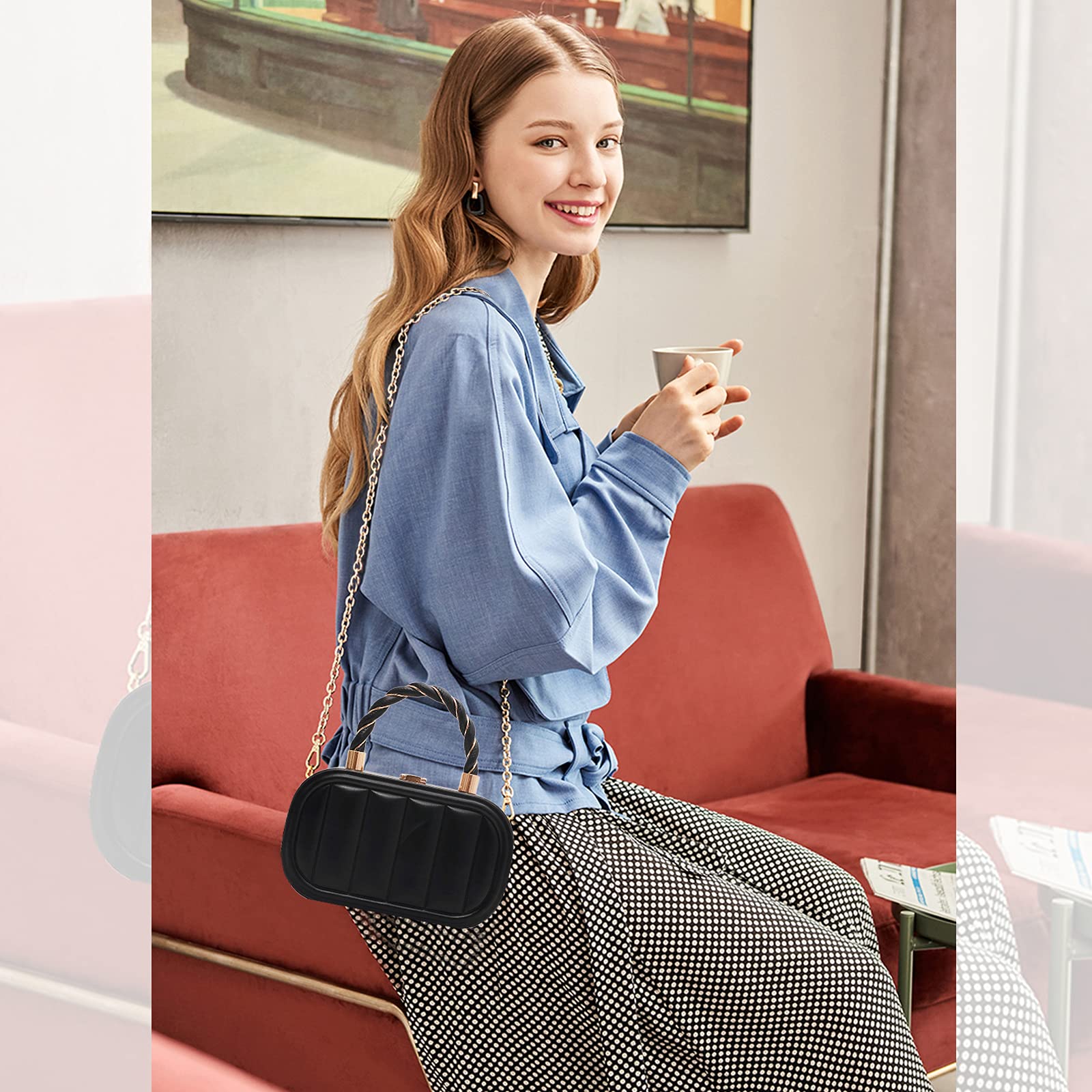 NICOLE & DORIS Frau Tasche Klein Designer Handtasche mit Kette Abendtasche Damen Partytasche Mode Schultertaschen PU Leder Handy Tasche Crossbody Schwarz