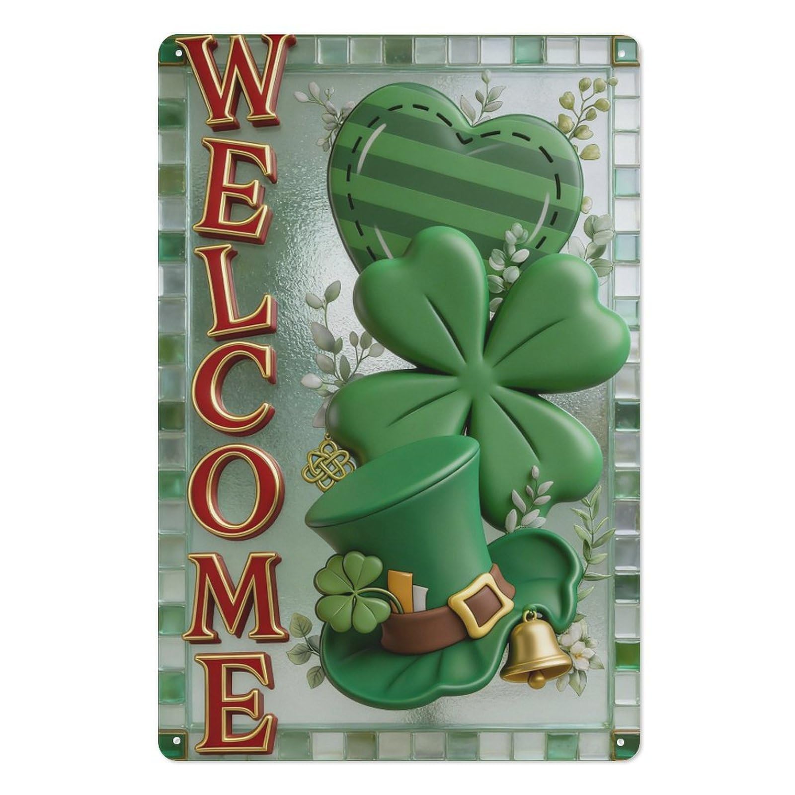 peiyeety Welcome Metal Tin Sign 8x12 Inch – St Patrick’s Day Vintage Shamrock Heart Gold Bell Design Wall Decor Plaque for Home Bar Pub Party Indoor Outdoor